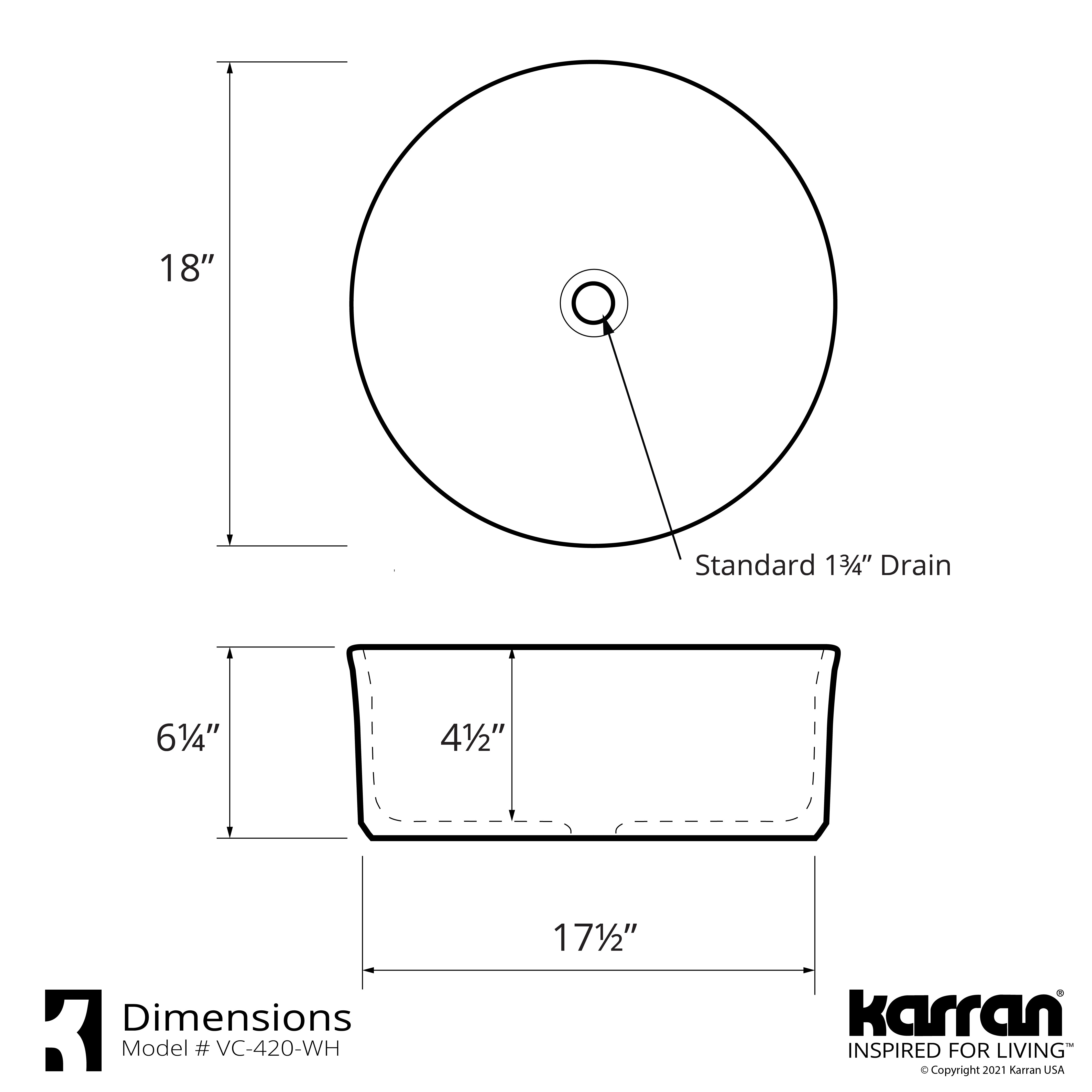Karran Valera 18" x 18" x 4.5" Round Vessel Vitreous China ADA Bathroom Sink, White, VC-420-WH