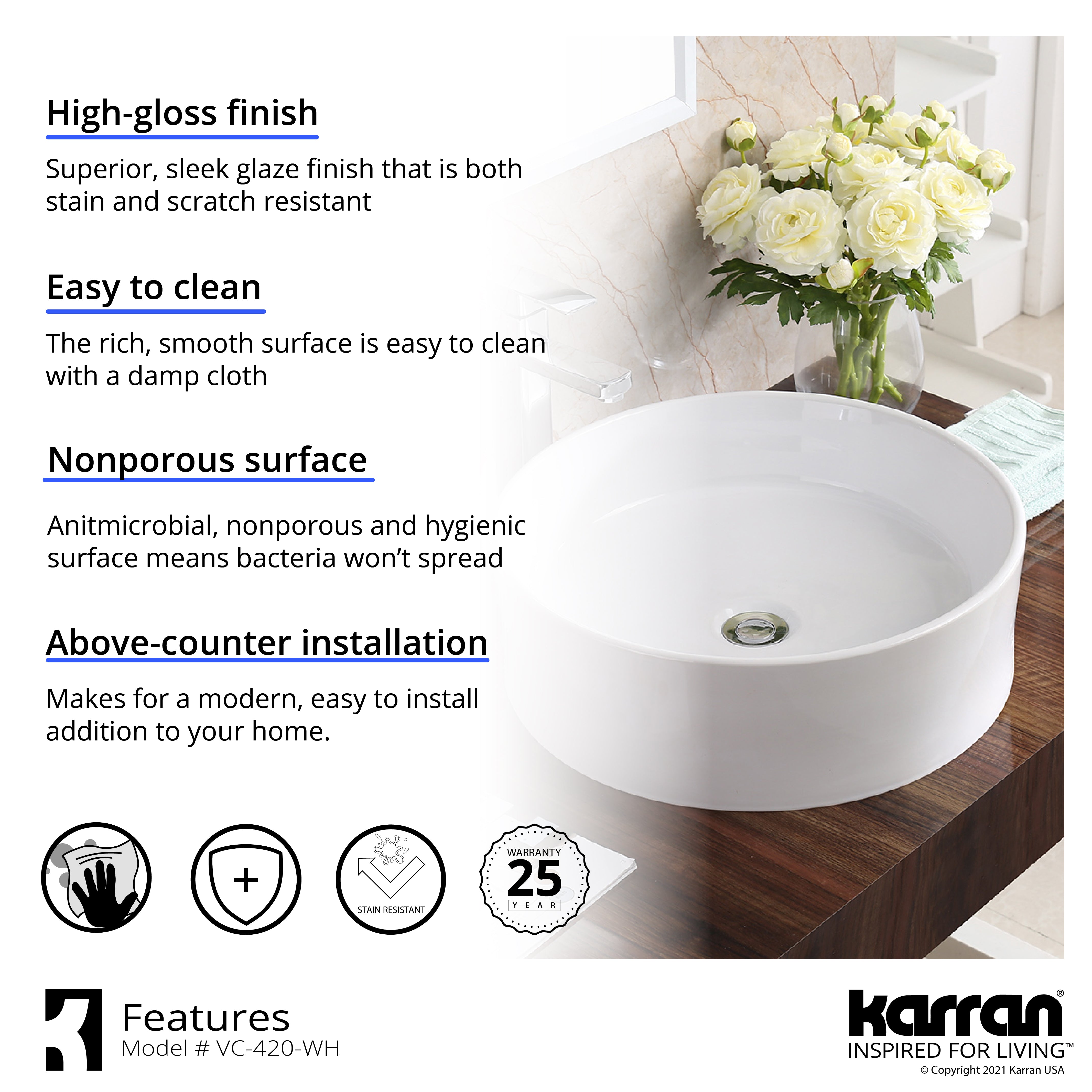 Karran Valera 18" x 18" x 4.5" Round Vessel Vitreous China ADA Bathroom Sink, White, VC-420-WH
