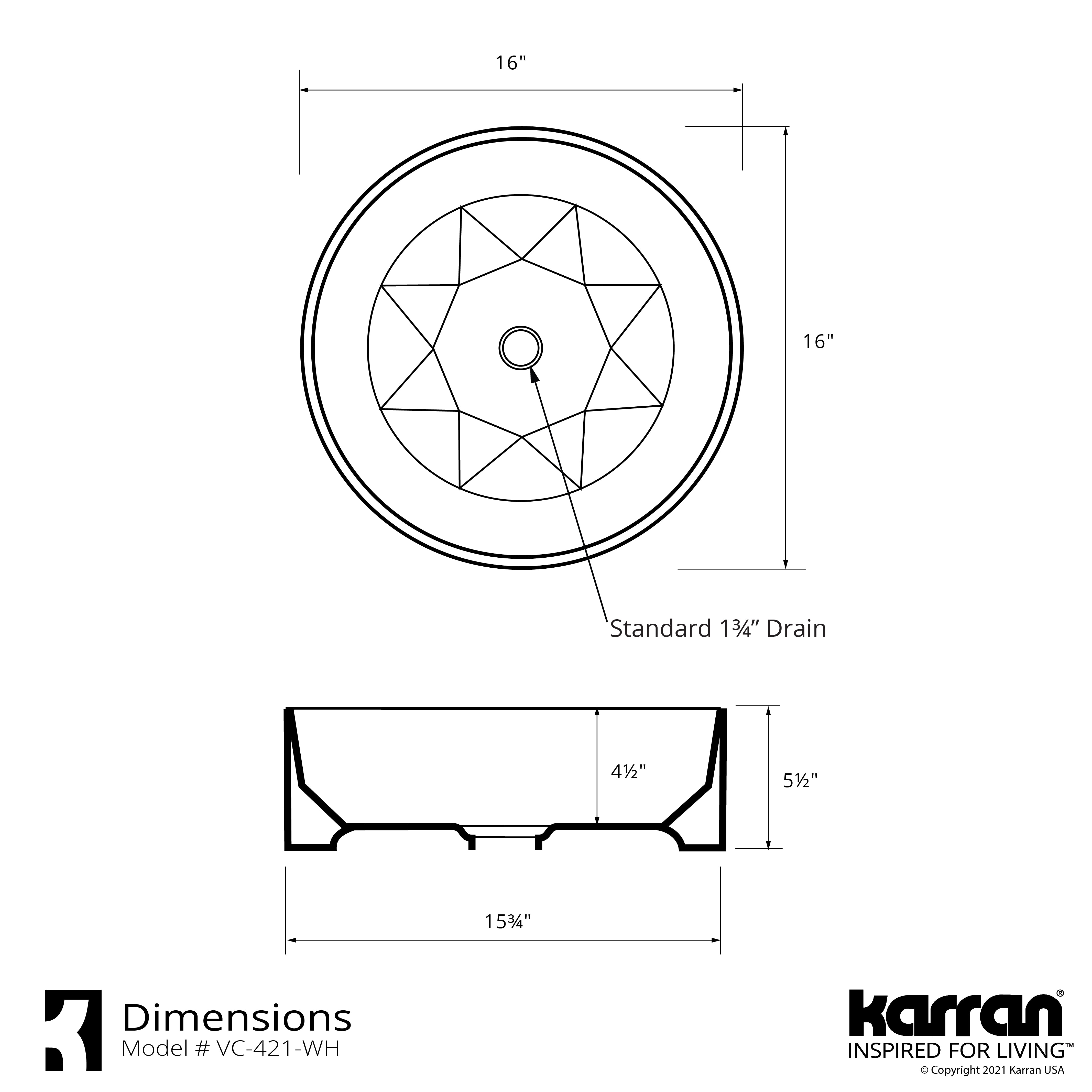 Karran Valera 16" x 16" x 4.5" Round Vessel Vitreous China ADA Bathroom Sink, White, VC-421-WH