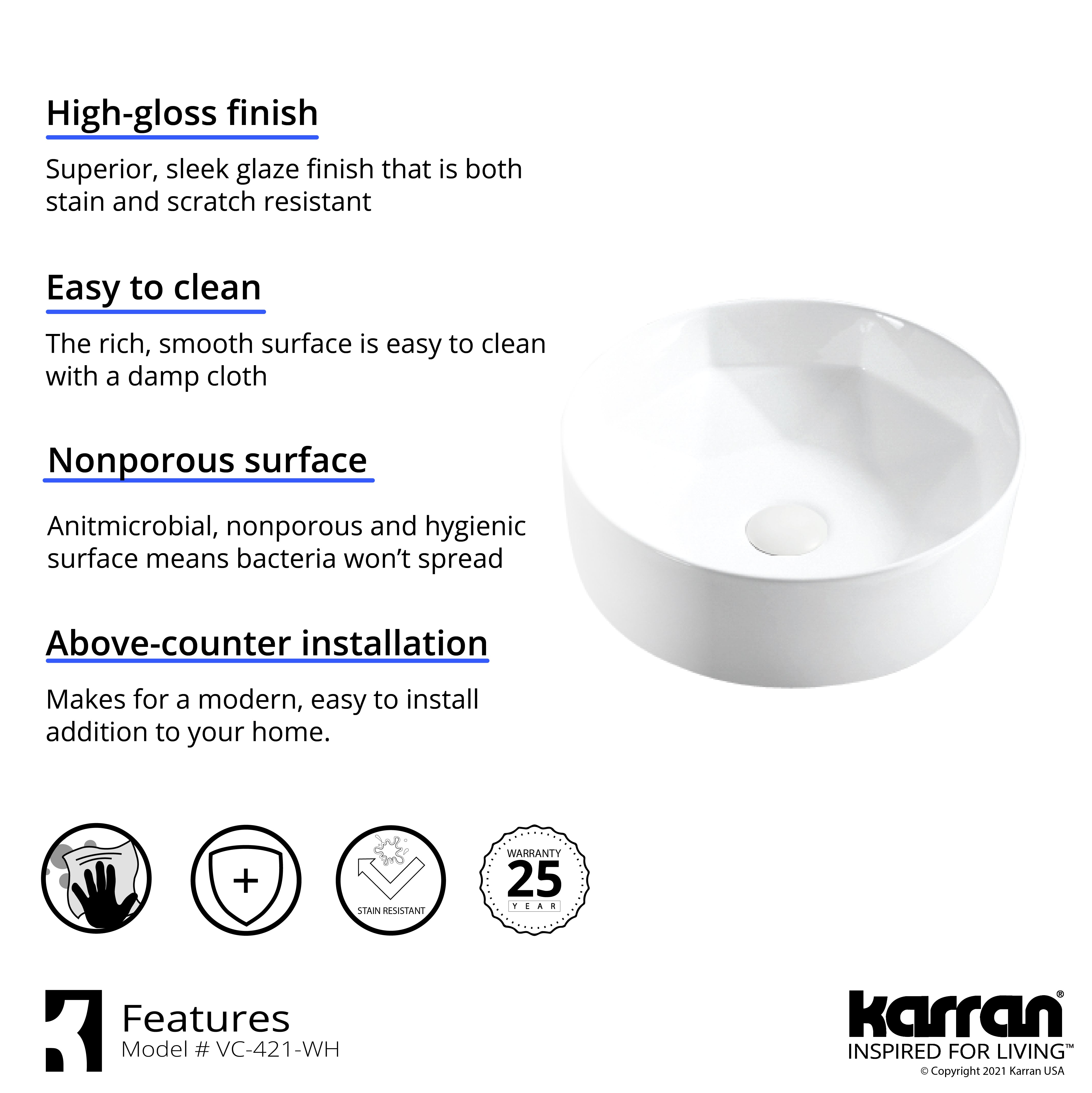 Karran Valera 16" x 16" x 4.5" Round Vessel Vitreous China ADA Bathroom Sink, White, VC-421-WH