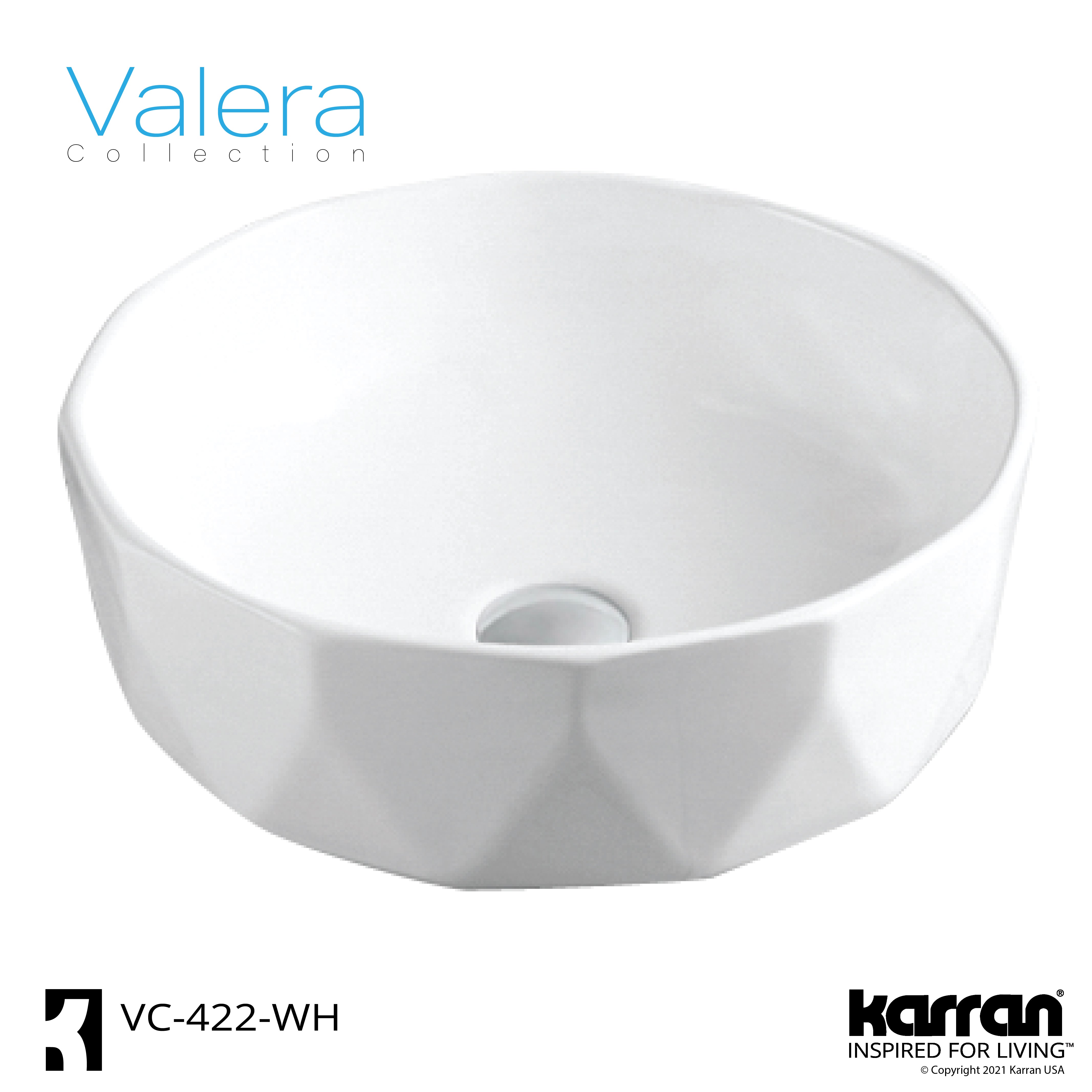 Karran Valera 16.5" x 16.5" x 4.5" Round Vessel Vitreous China ADA Bathroom Sink, White, VC-422-WH