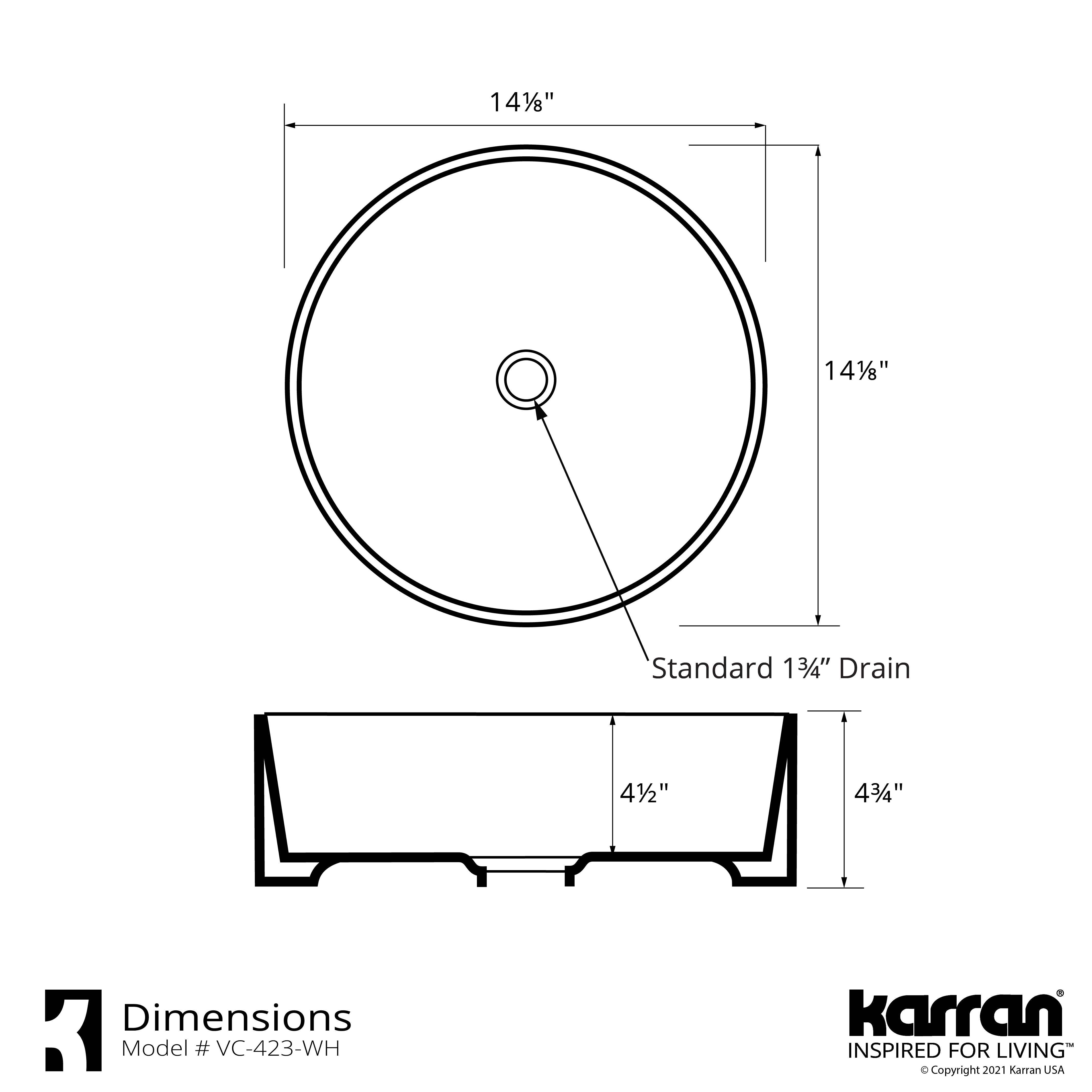 Karran Valera 14.125" x 14.125" x 4.25" Round Vessel Vitreous China ADA Bathroom Sink, White, VC-423-WH
