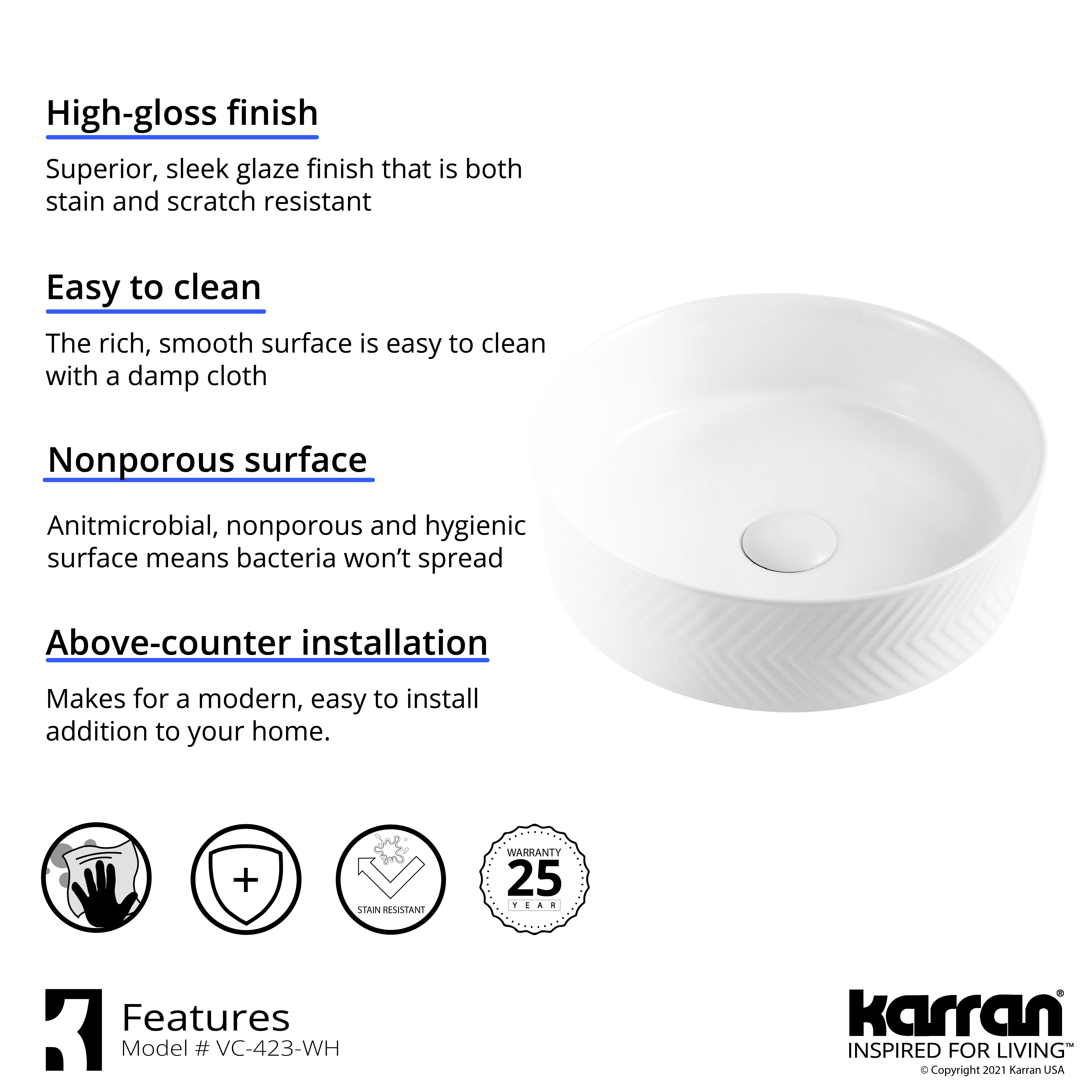 Karran Valera 14.125" x 14.125" x 4.25" Round Vessel Vitreous China ADA Bathroom Sink, White, VC-423-WH