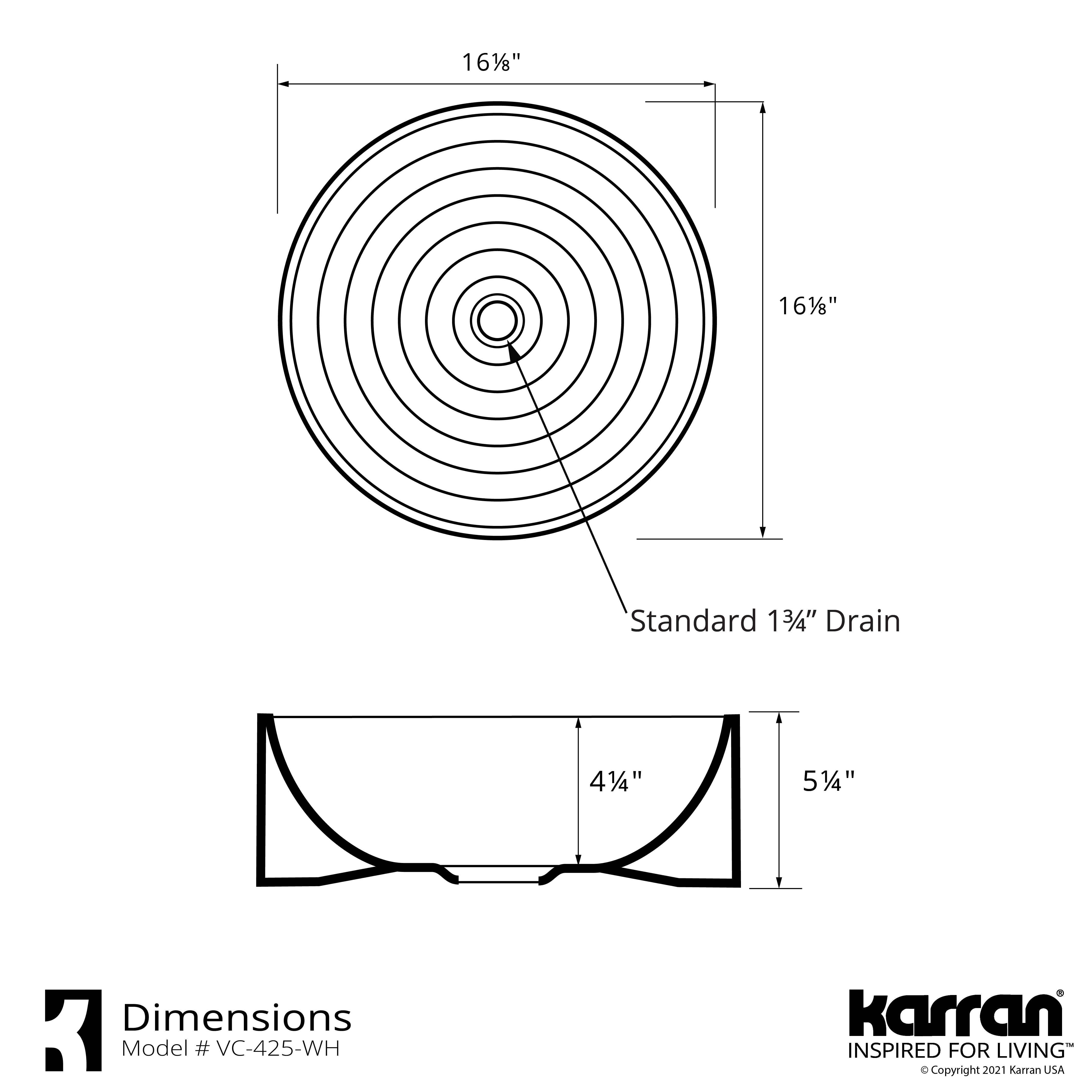 Karran Valera 16.125" x 16.125" x 4.25" Round Vessel Vitreous China ADA Bathroom Sink, White, VC-425-WH