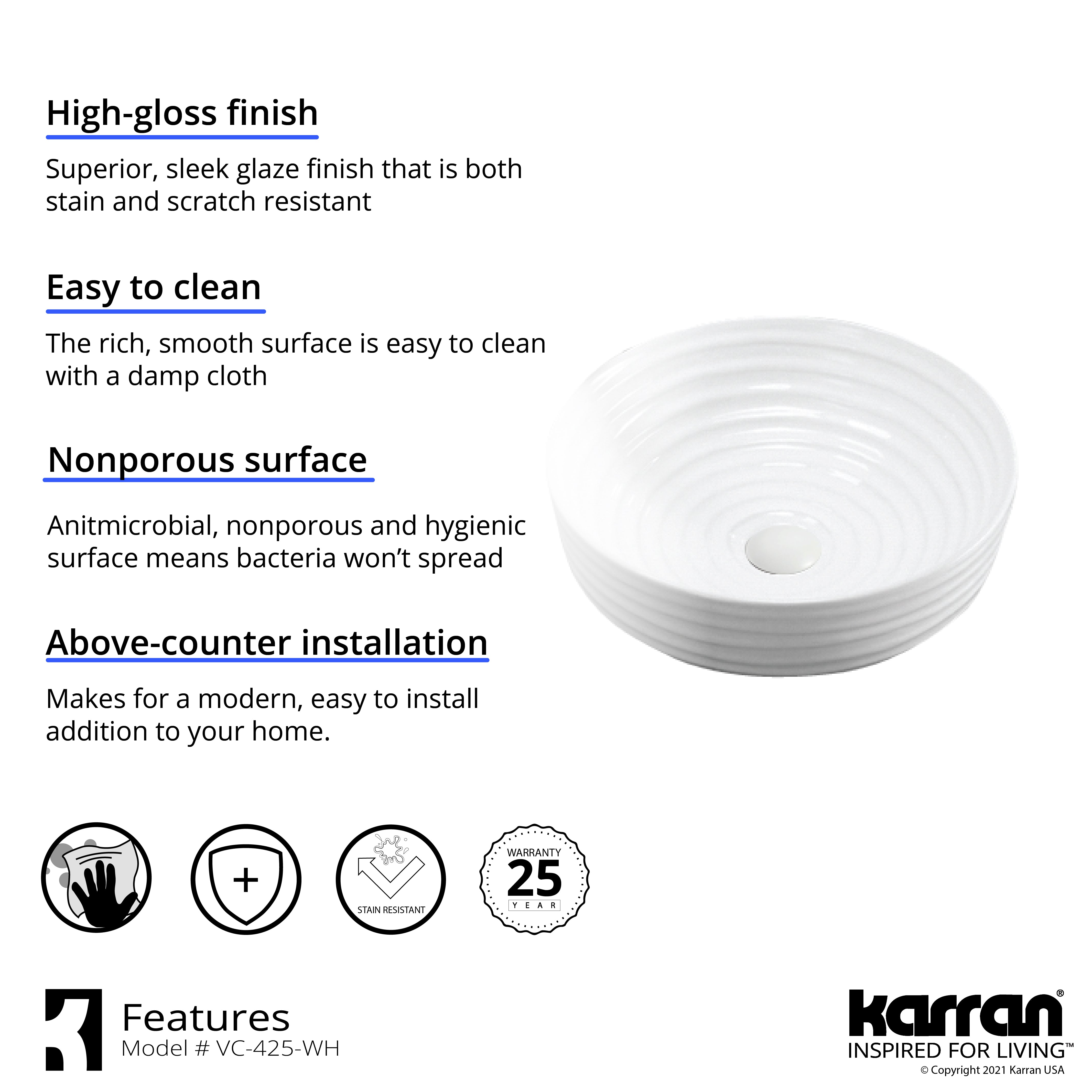 Karran Valera 16.125" x 16.125" x 4.25" Round Vessel Vitreous China ADA Bathroom Sink, White, VC-425-WH