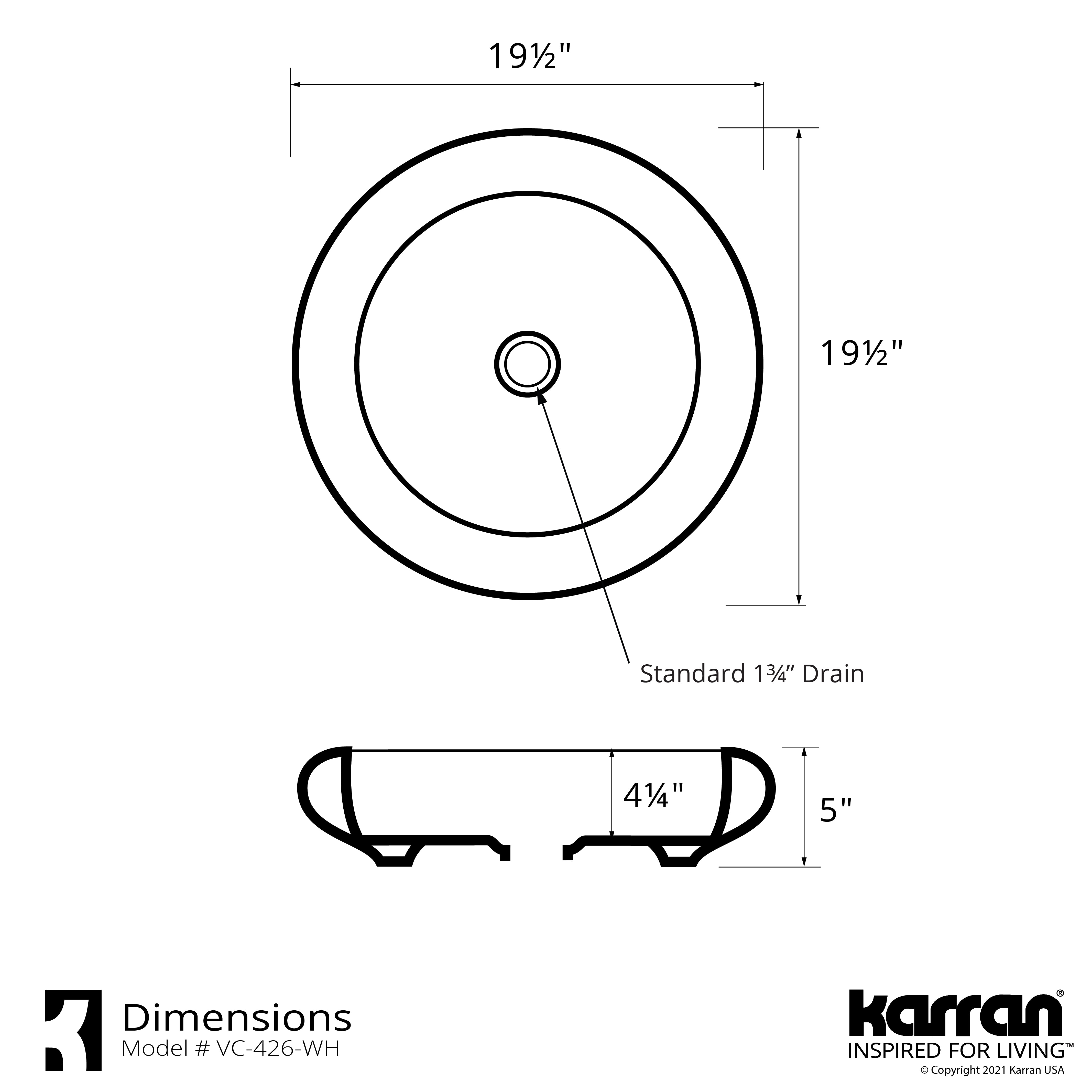 Karran Valera 19.5" x 19.5" x 4.25" Round Vessel Vitreous China ADA Bathroom Sink, White, VC-426-WH