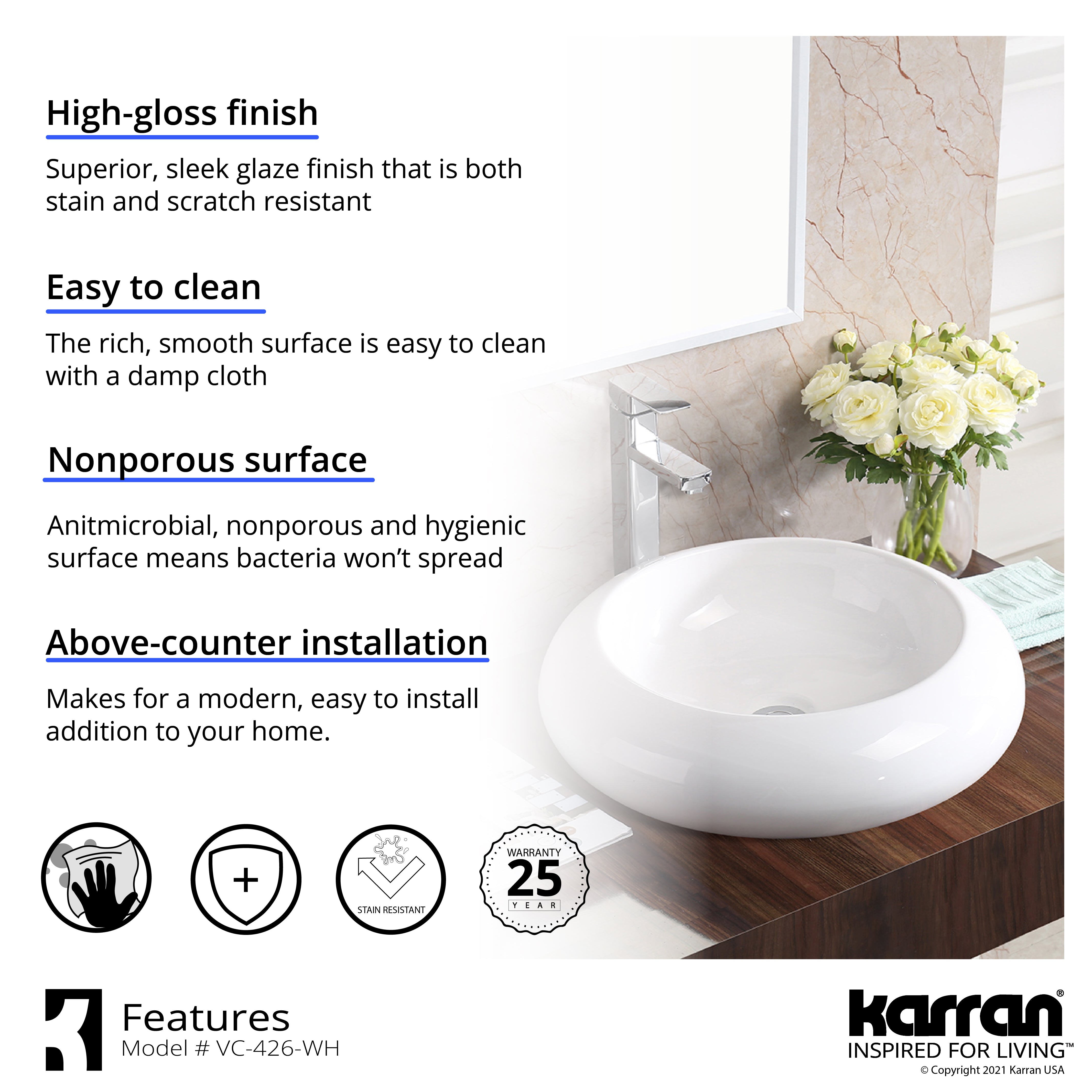Karran Valera 19.5" x 19.5" x 4.25" Round Vessel Vitreous China ADA Bathroom Sink, White, VC-426-WH