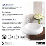 Karran Valera 19.5" x 19.5" x 4.25" Round Vessel Vitreous China ADA Bathroom Sink, White, VC-426-WH