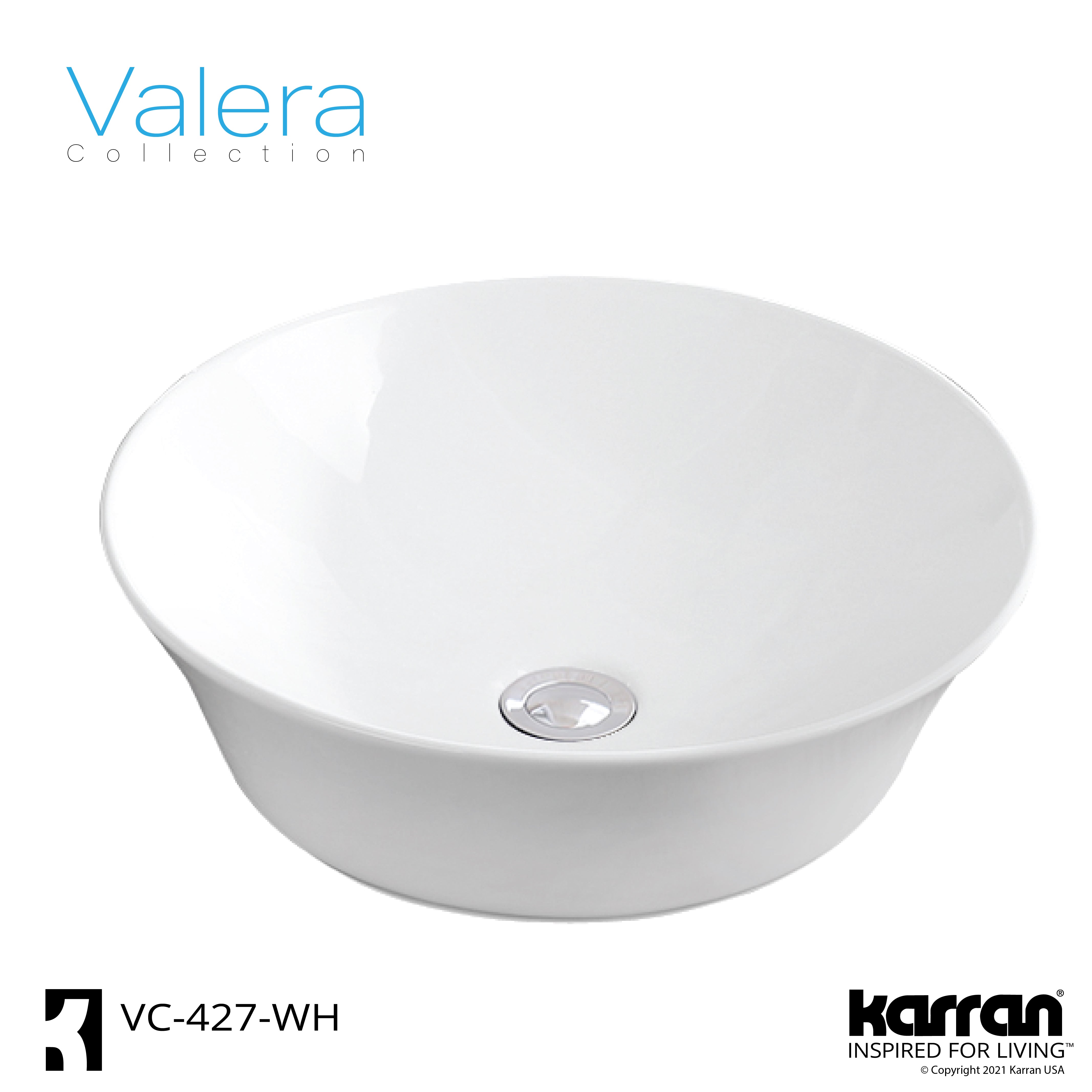 Karran Valera 16.5" x 16.5" x 4" Round Vessel Vitreous China ADA Bathroom Sink, White, VC-427-WH