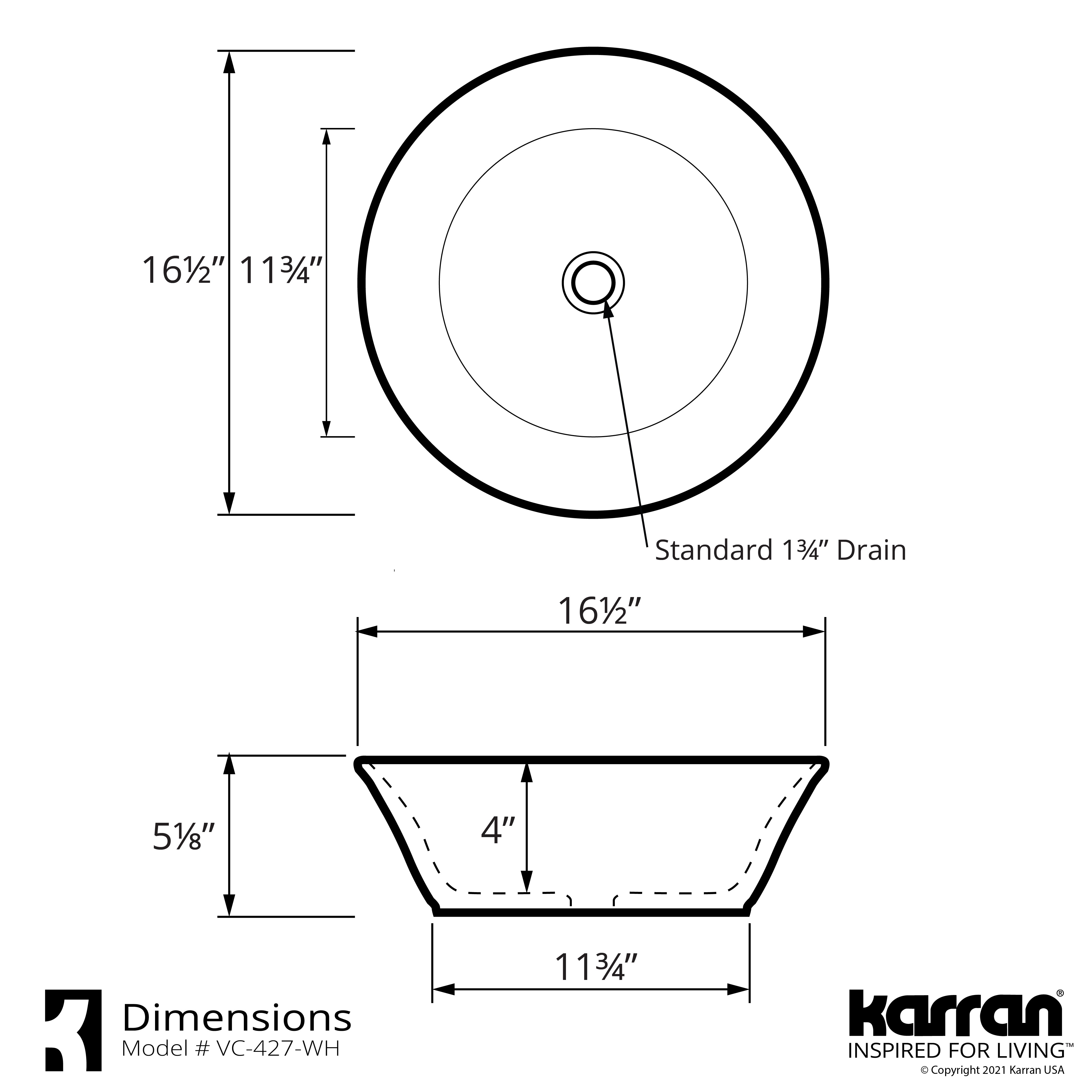 Karran Valera 16.5" x 16.5" x 4" Round Vessel Vitreous China ADA Bathroom Sink, White, VC-427-WH