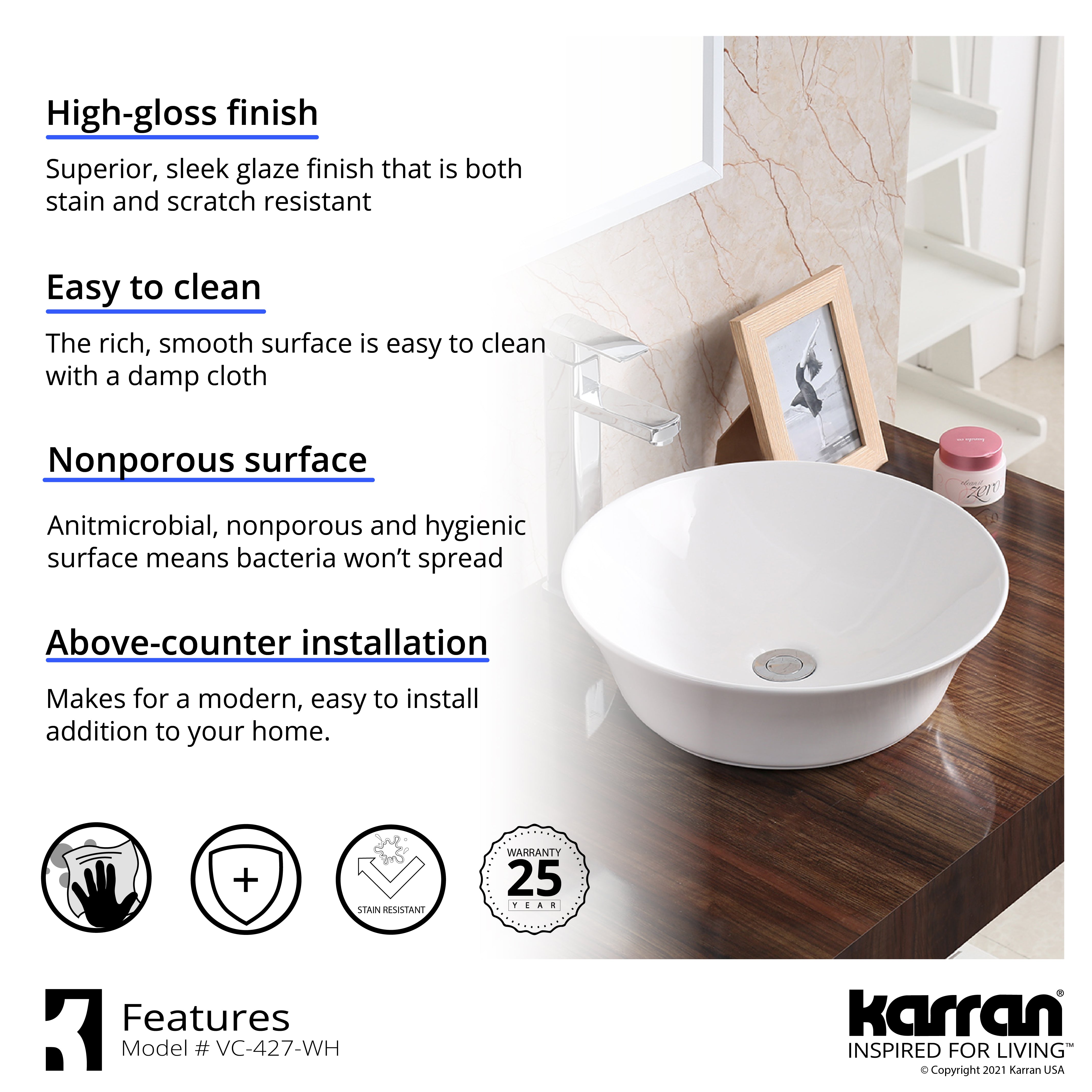 Karran Valera 16.5" x 16.5" x 4" Round Vessel Vitreous China ADA Bathroom Sink, White, VC-427-WH