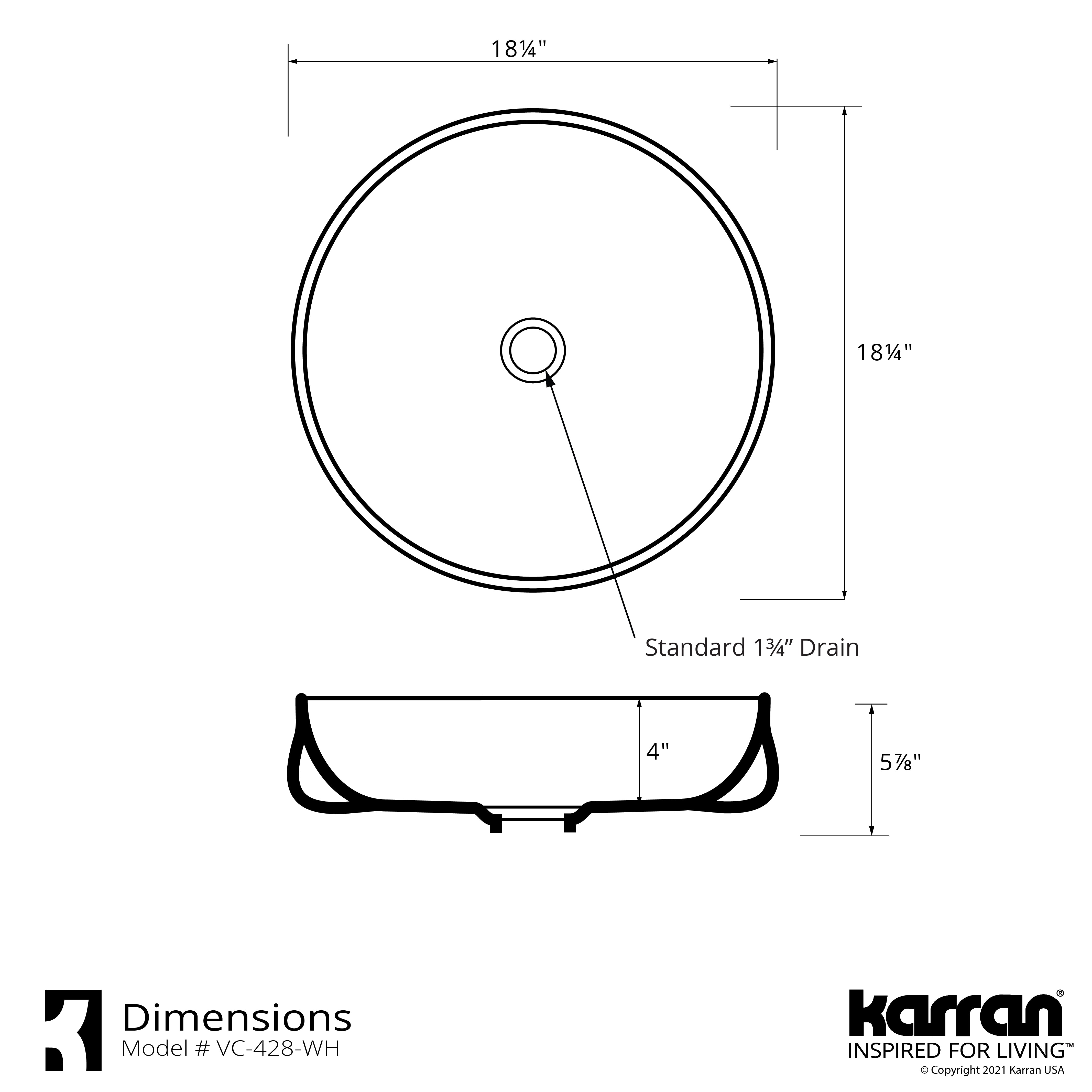 Karran Valera 18.25" x 18.25" x 4" Round Vessel Vitreous China ADA Bathroom Sink, White, VC-428-WH