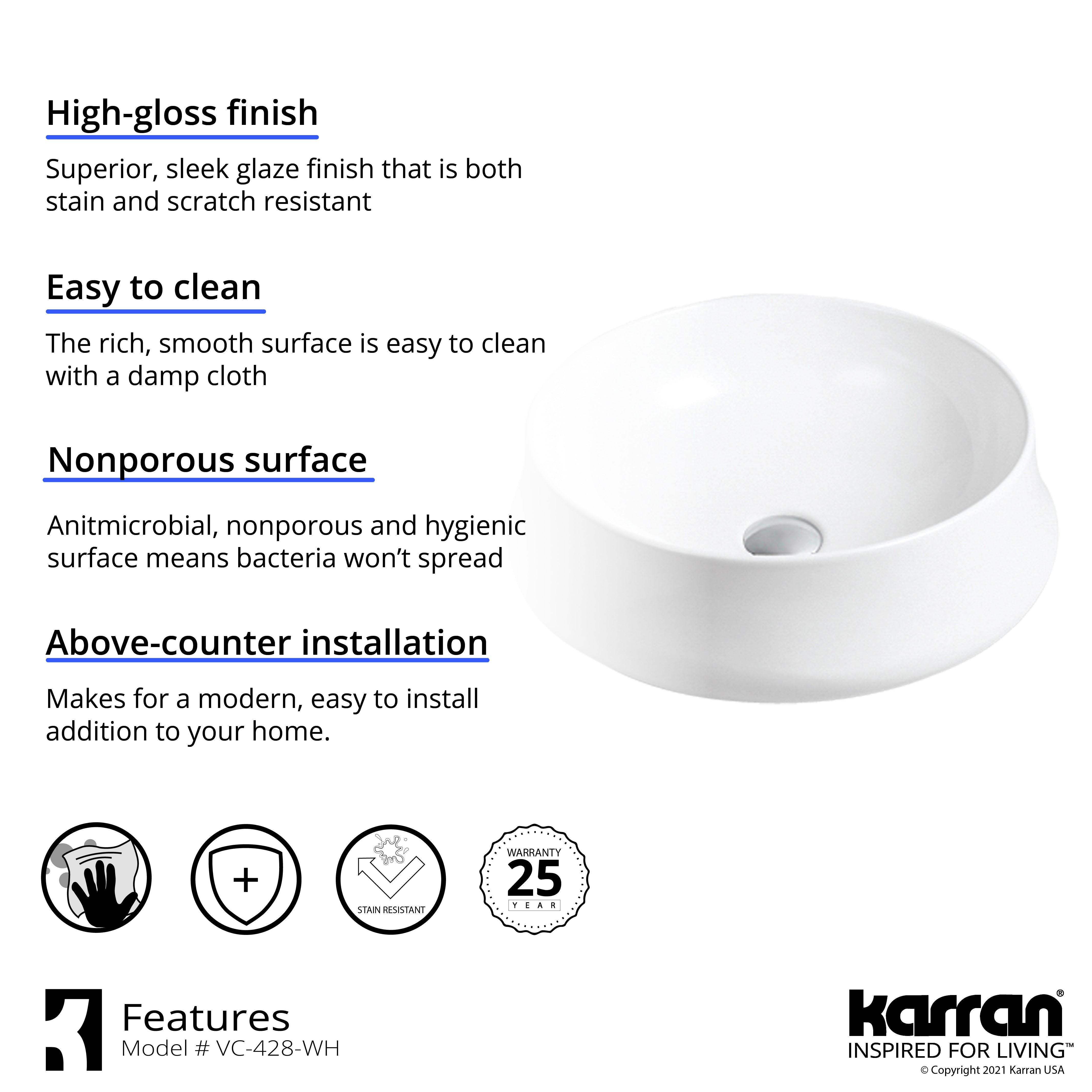 Karran Valera 18.25" x 18.25" x 4" Round Vessel Vitreous China ADA Bathroom Sink, White, VC-428-WH