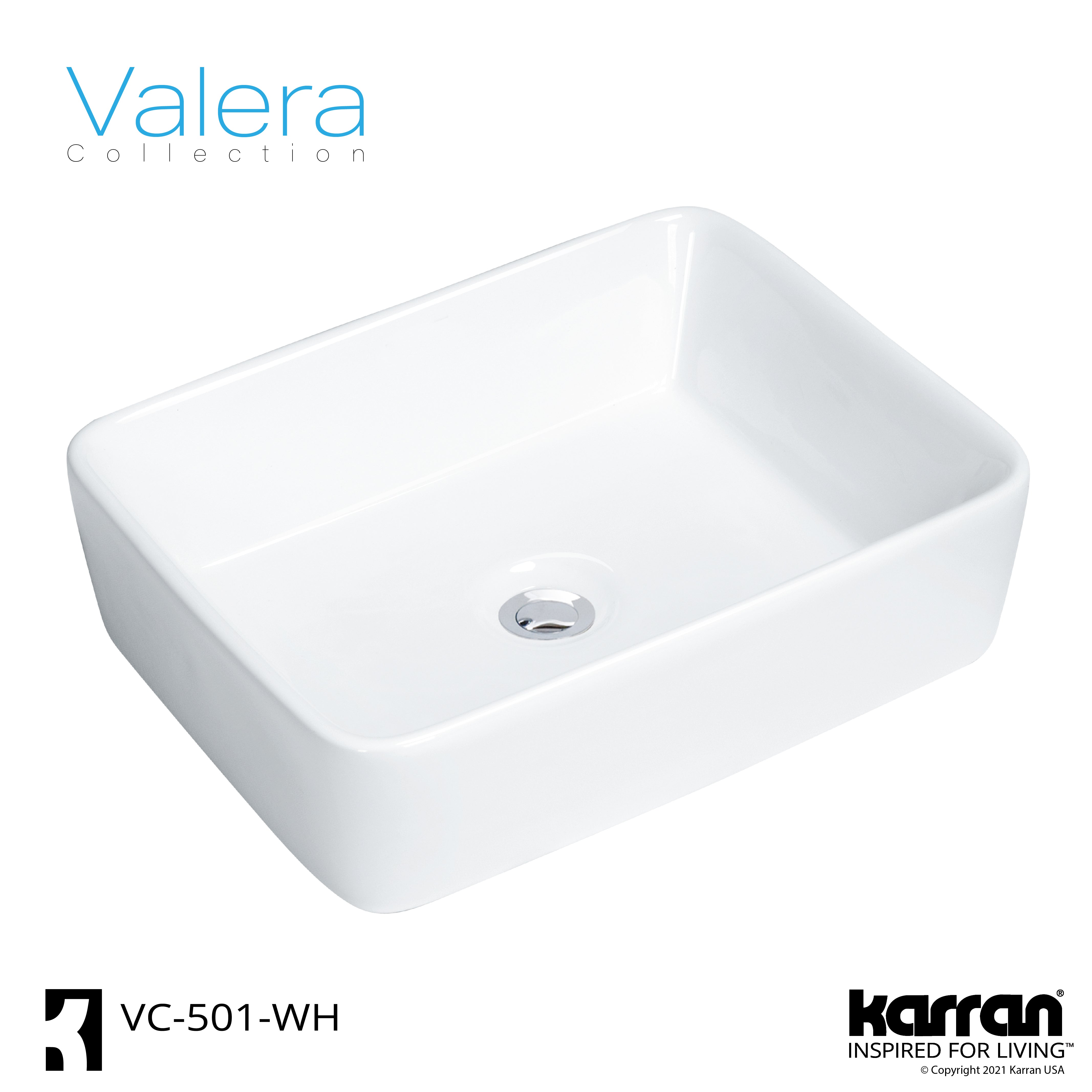 Karran Valera 18.75" x 14.5" x 4.25" Rectangular Vessel Vitreous China ADA Bathroom Sink, White, VC-501-WH