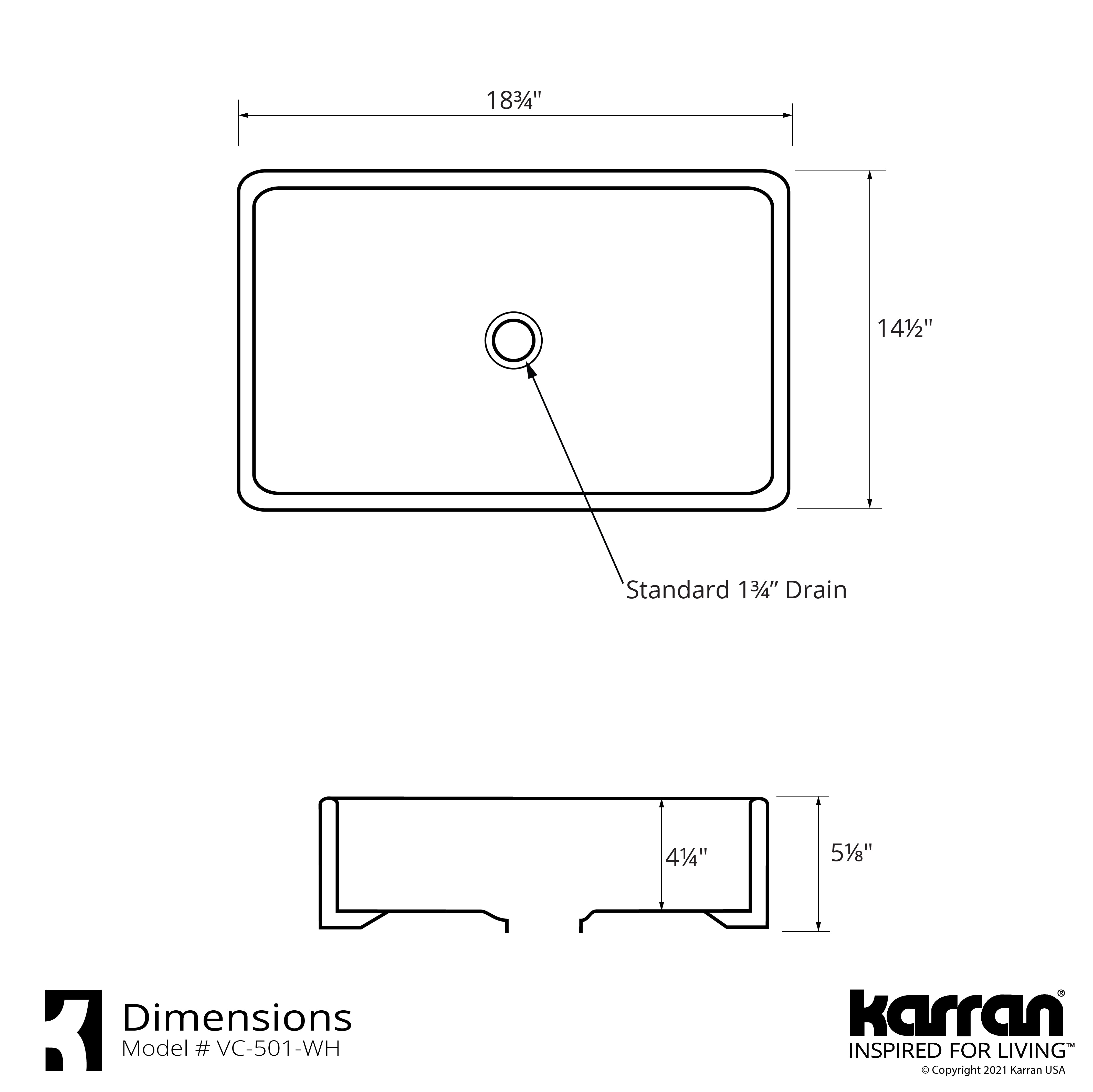 Karran Valera 18.75" x 14.5" x 4.25" Rectangular Vessel Vitreous China ADA Bathroom Sink, White, VC-501-WH