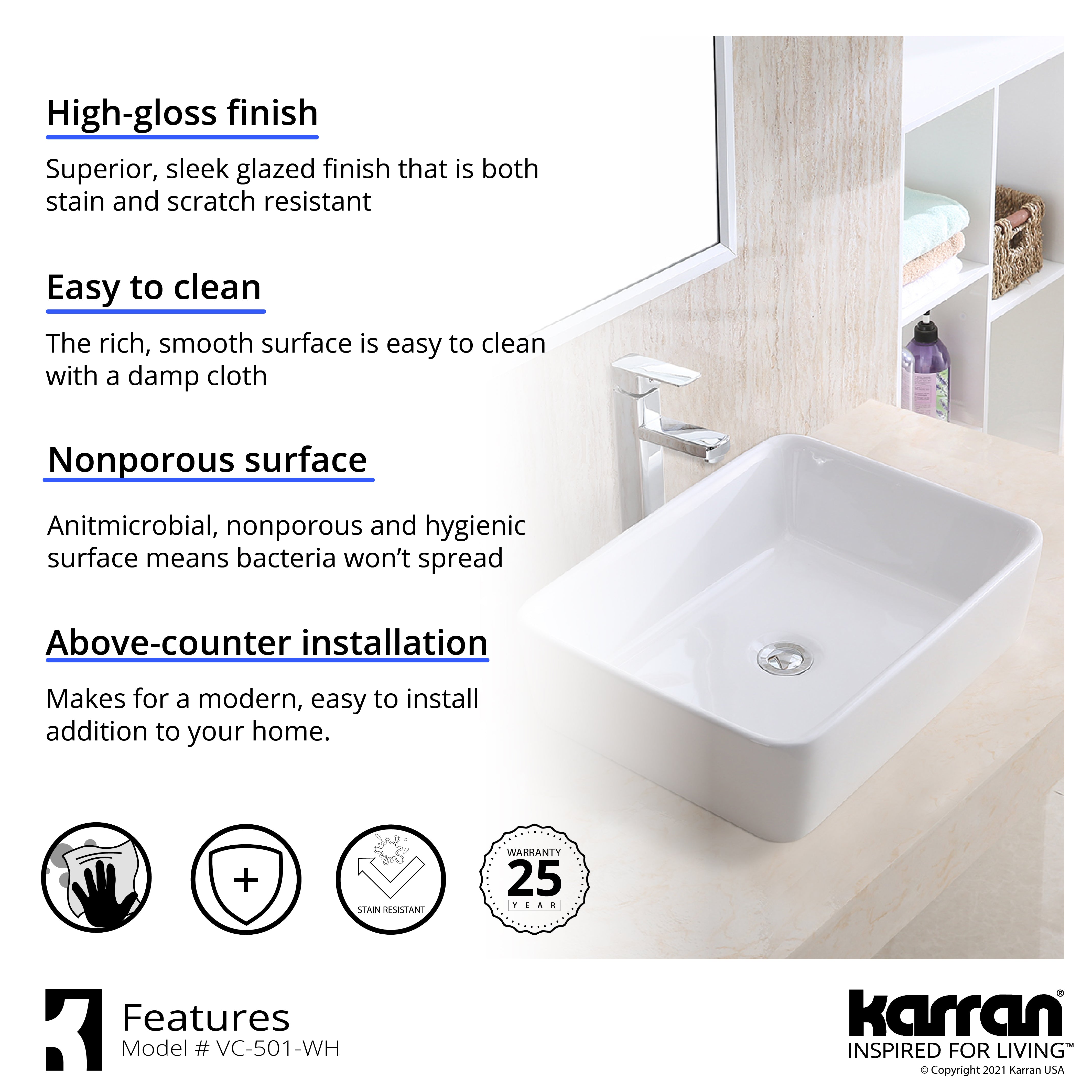 Karran Valera 18.75" x 14.5" x 4.25" Rectangular Vessel Vitreous China ADA Bathroom Sink, White, VC-501-WH