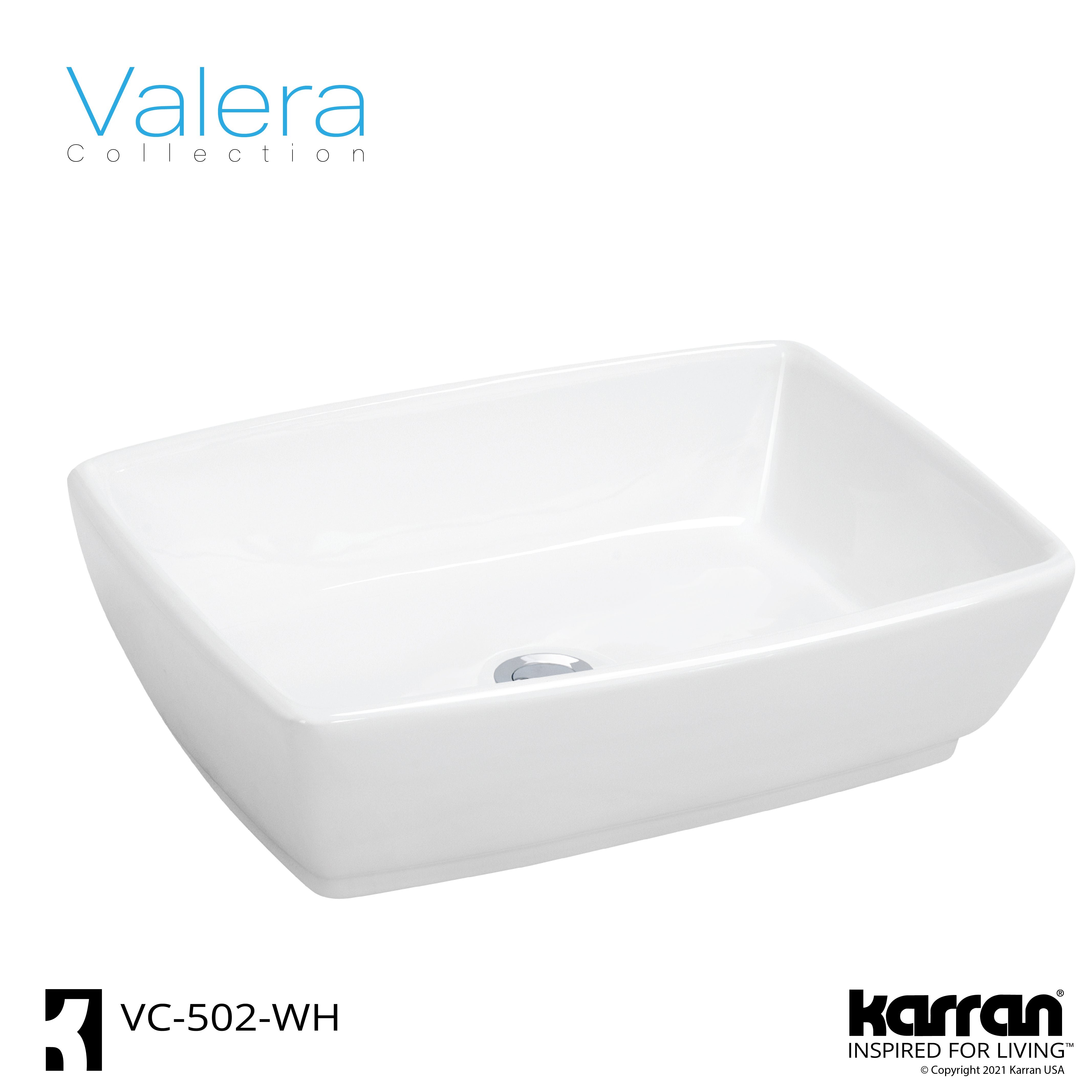 Karran Valera 19" x 13.25" x 4.5" Rectangular Vessel Vitreous China ADA Bathroom Sink, White, VC-502-WH