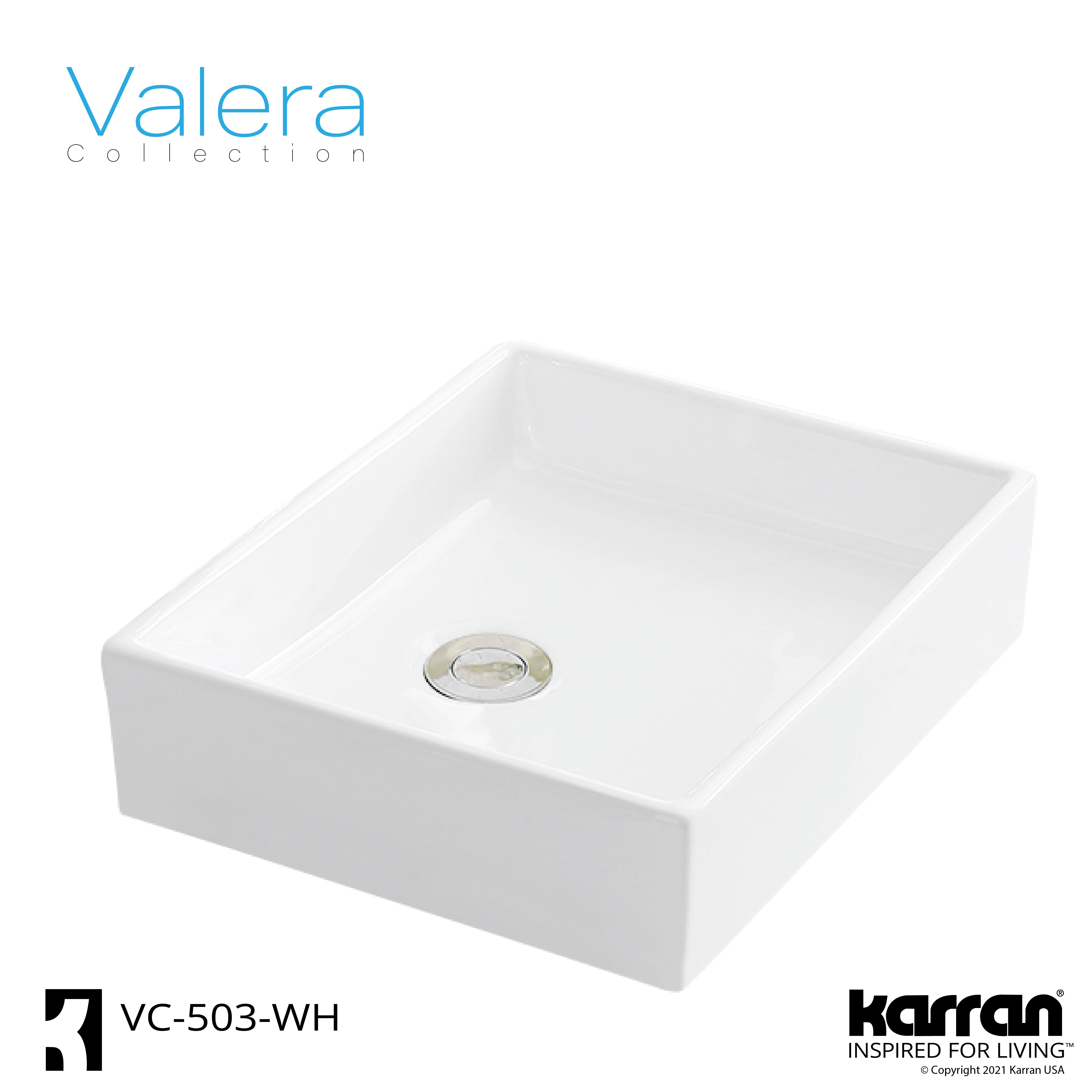Karran Valera 15.5" x 13" x 3.25" Rectangular Vessel Vitreous China ADA Bathroom Sink, White, VC-503-WH