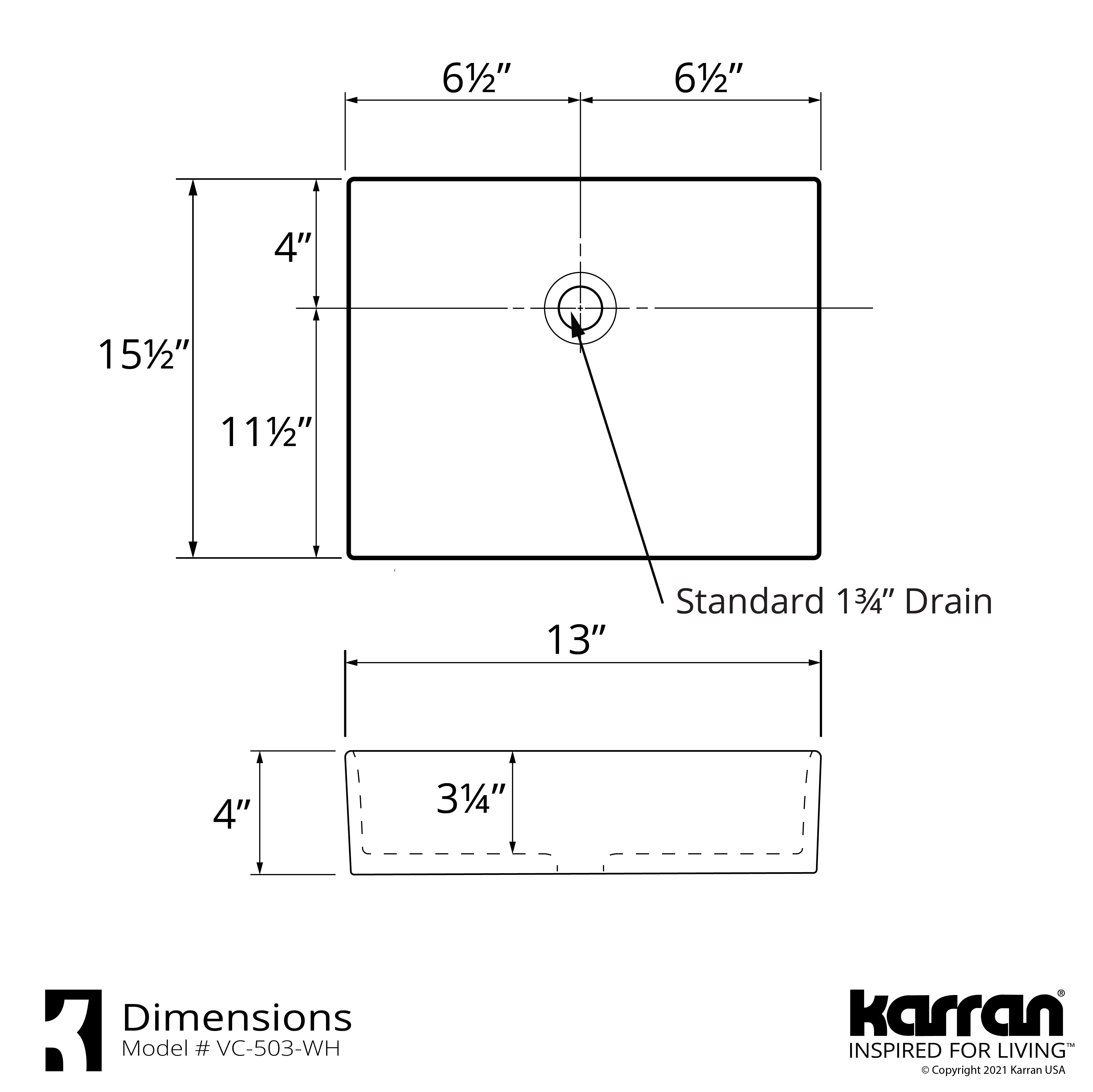 Karran Valera 15.5" x 13" x 3.25" Rectangular Vessel Vitreous China ADA Bathroom Sink, White, VC-503-WH