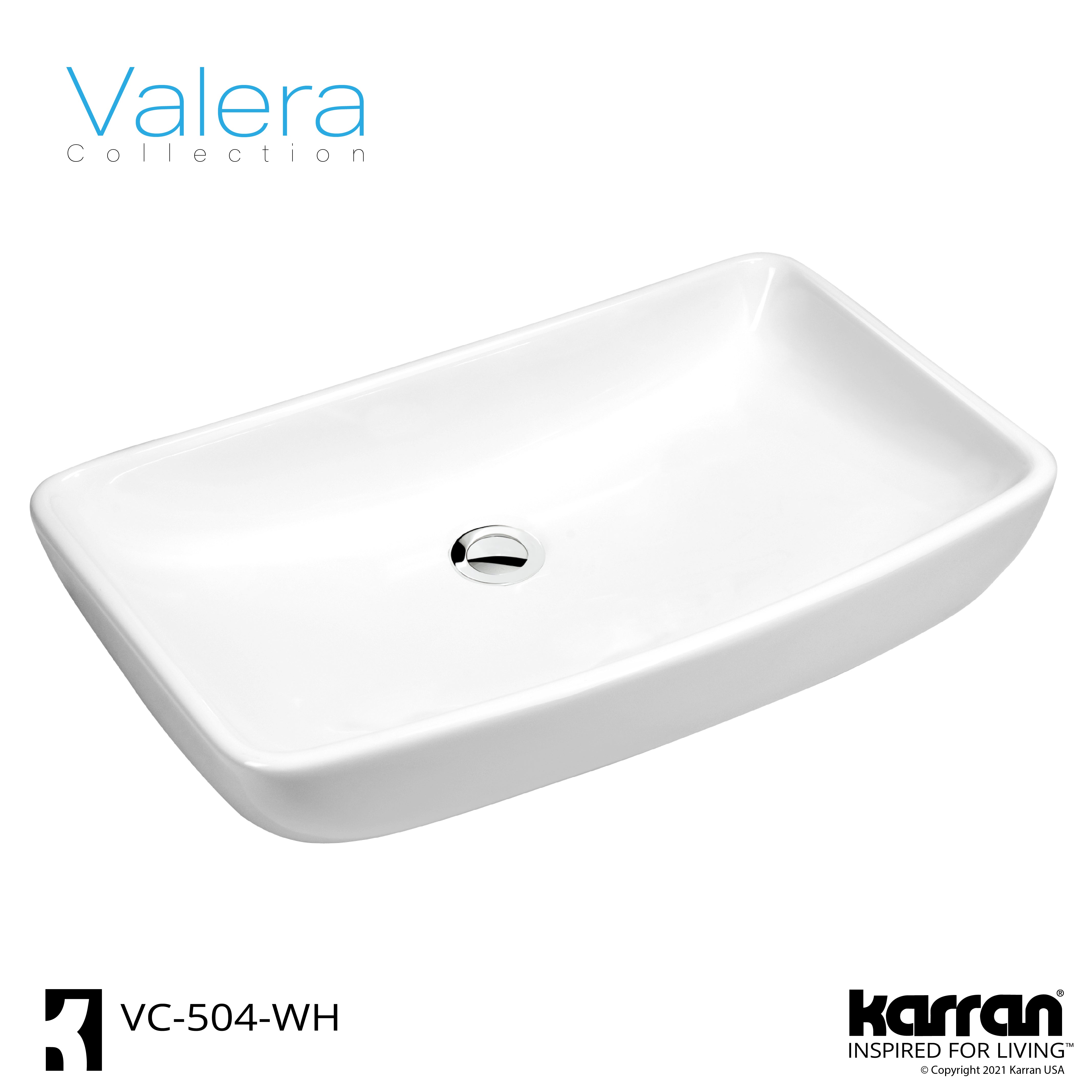 Karran Valera 24" x 15.5" x 4" Rectangular Vessel Vitreous China ADA Bathroom Sink, White, VC-504-WH