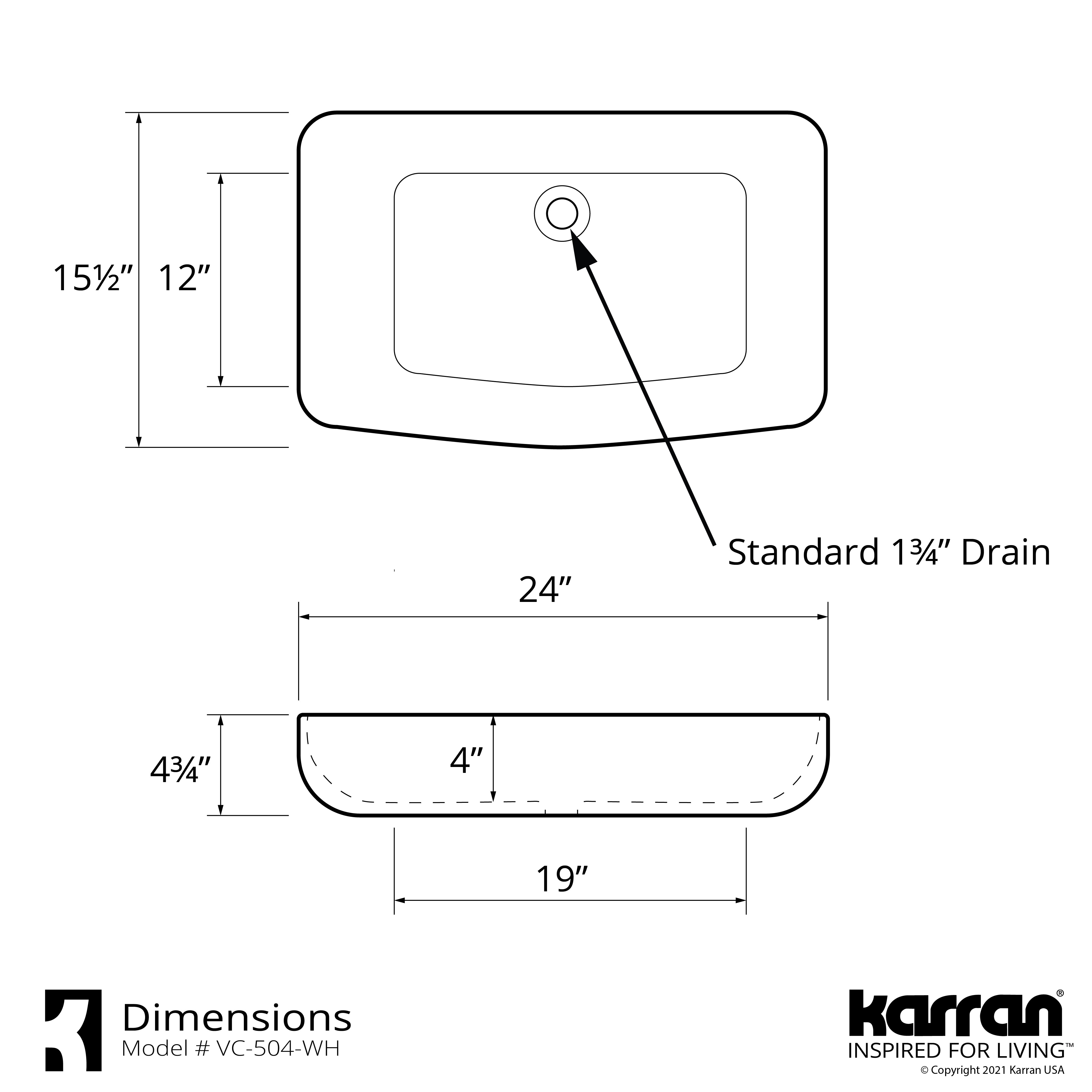 Karran Valera 24" x 15.5" x 4" Rectangular Vessel Vitreous China ADA Bathroom Sink, White, VC-504-WH