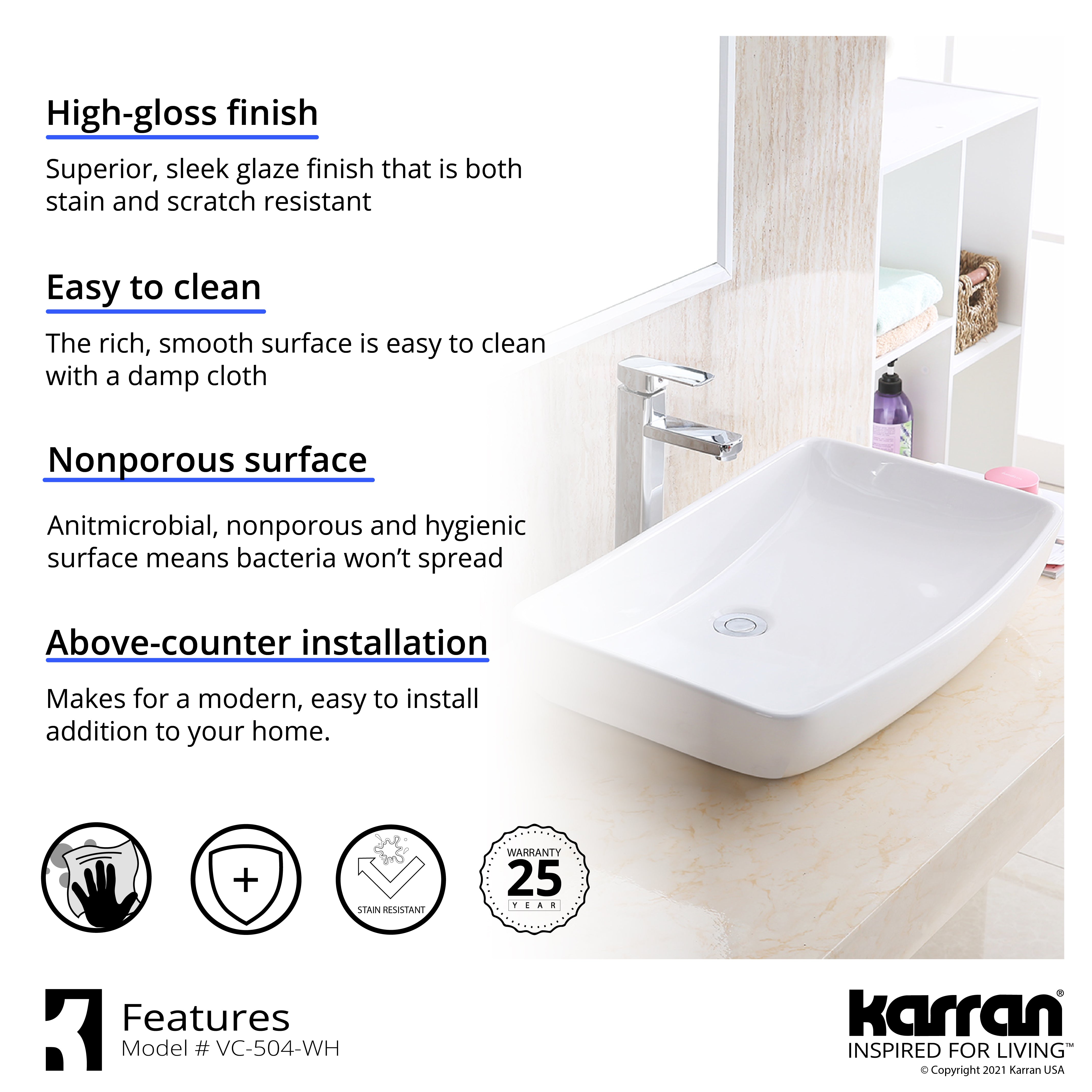 Karran Valera 24" x 15.5" x 4" Rectangular Vessel Vitreous China ADA Bathroom Sink, White, VC-504-WH