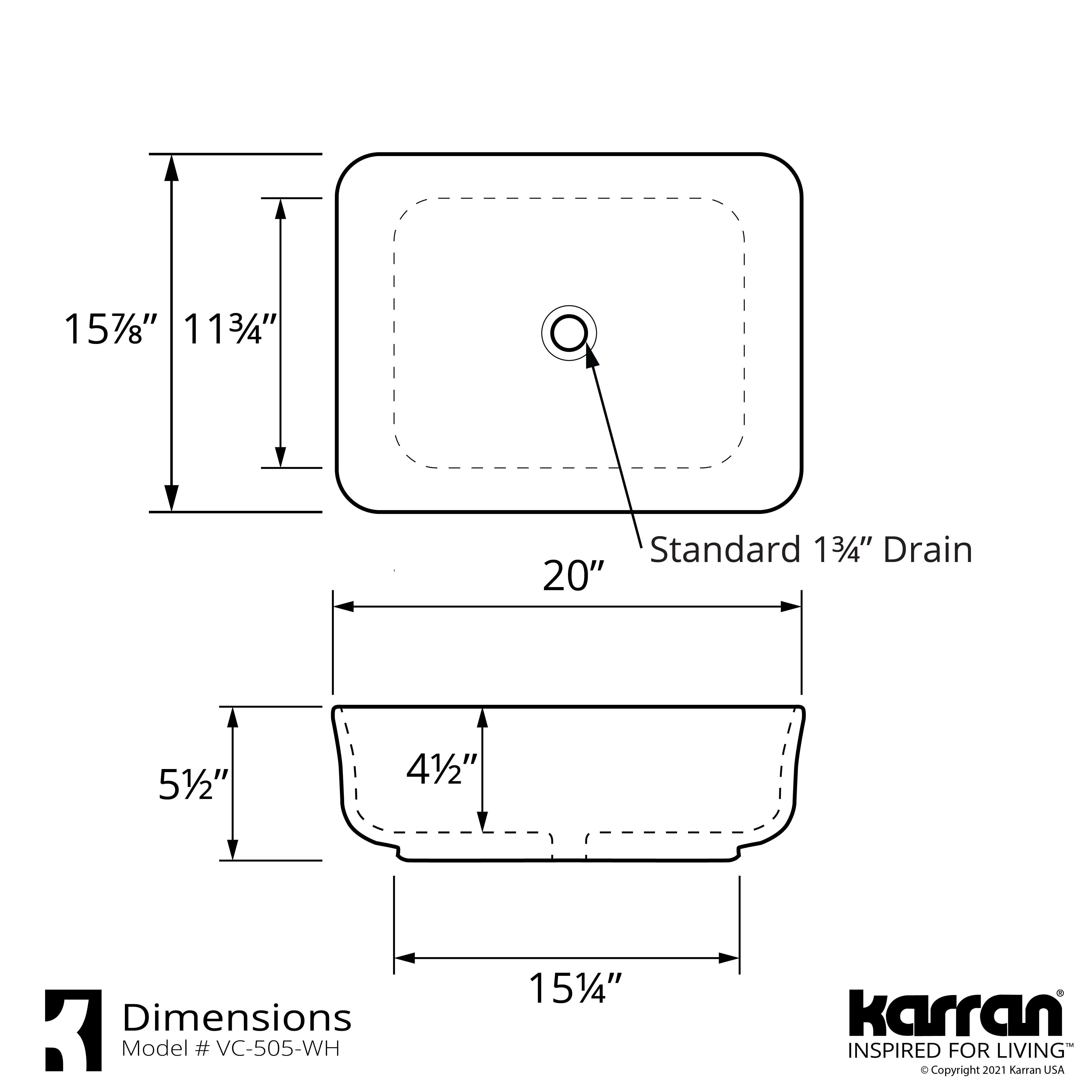 Karran Valera 20" x 15.875" x 4.5" Rectangular Vessel Vitreous China ADA Bathroom Sink, White, VC-505-WH