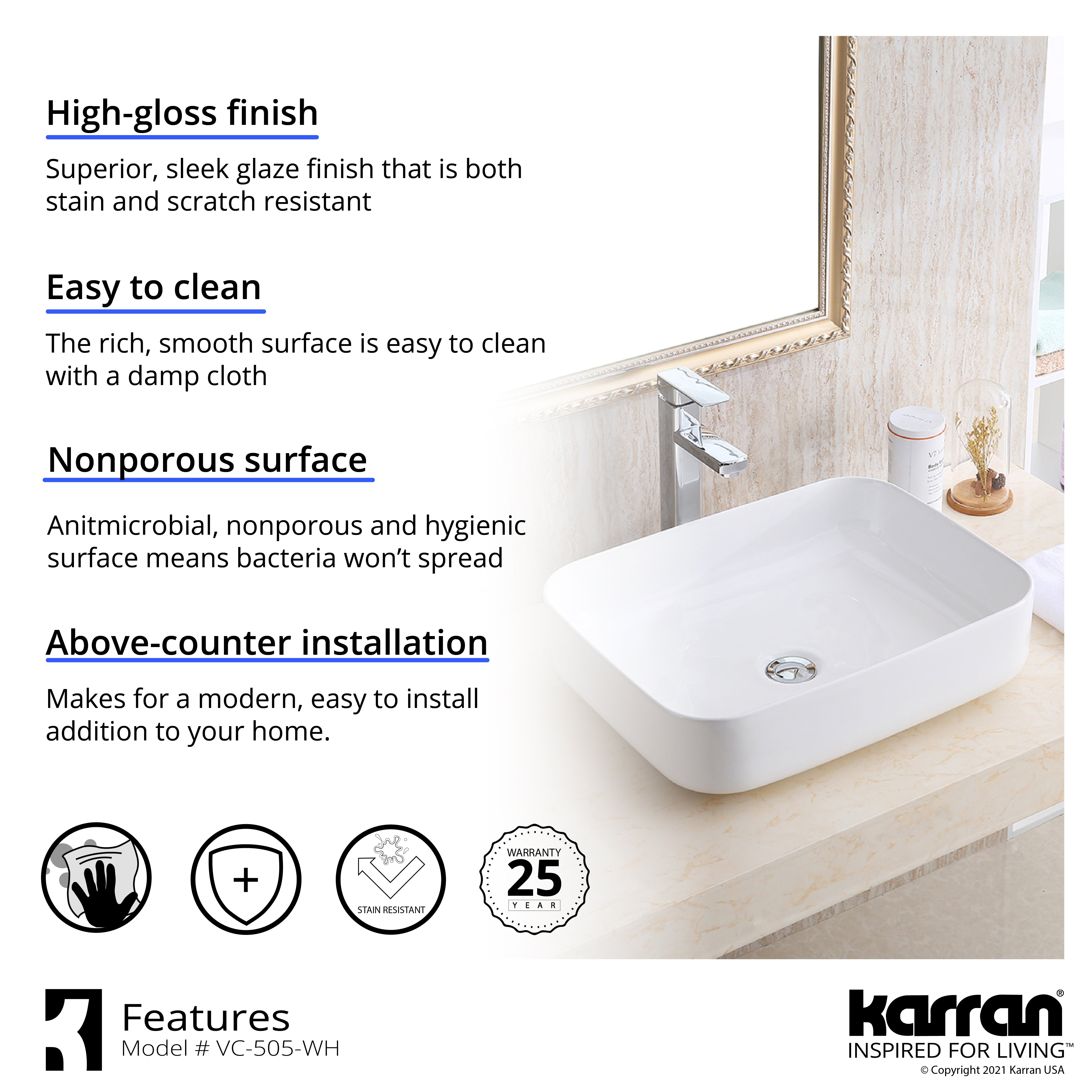 Karran Valera 20" x 15.875" x 4.5" Rectangular Vessel Vitreous China ADA Bathroom Sink, White, VC-505-WH