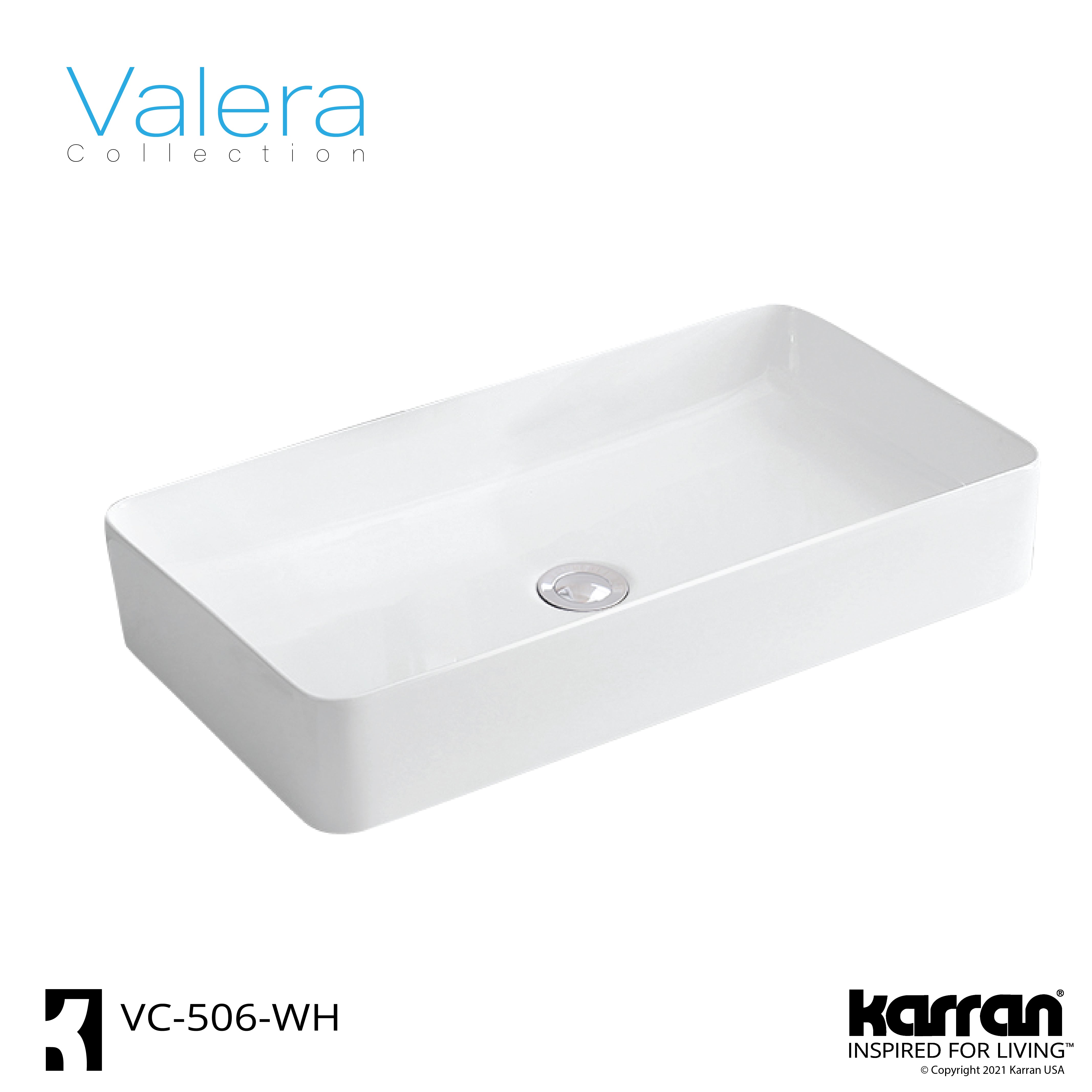 Karran Valera 24.25" x 14" x 3.5" Rectangular Vessel Vitreous China ADA Bathroom Sink, White, VC-506-WH