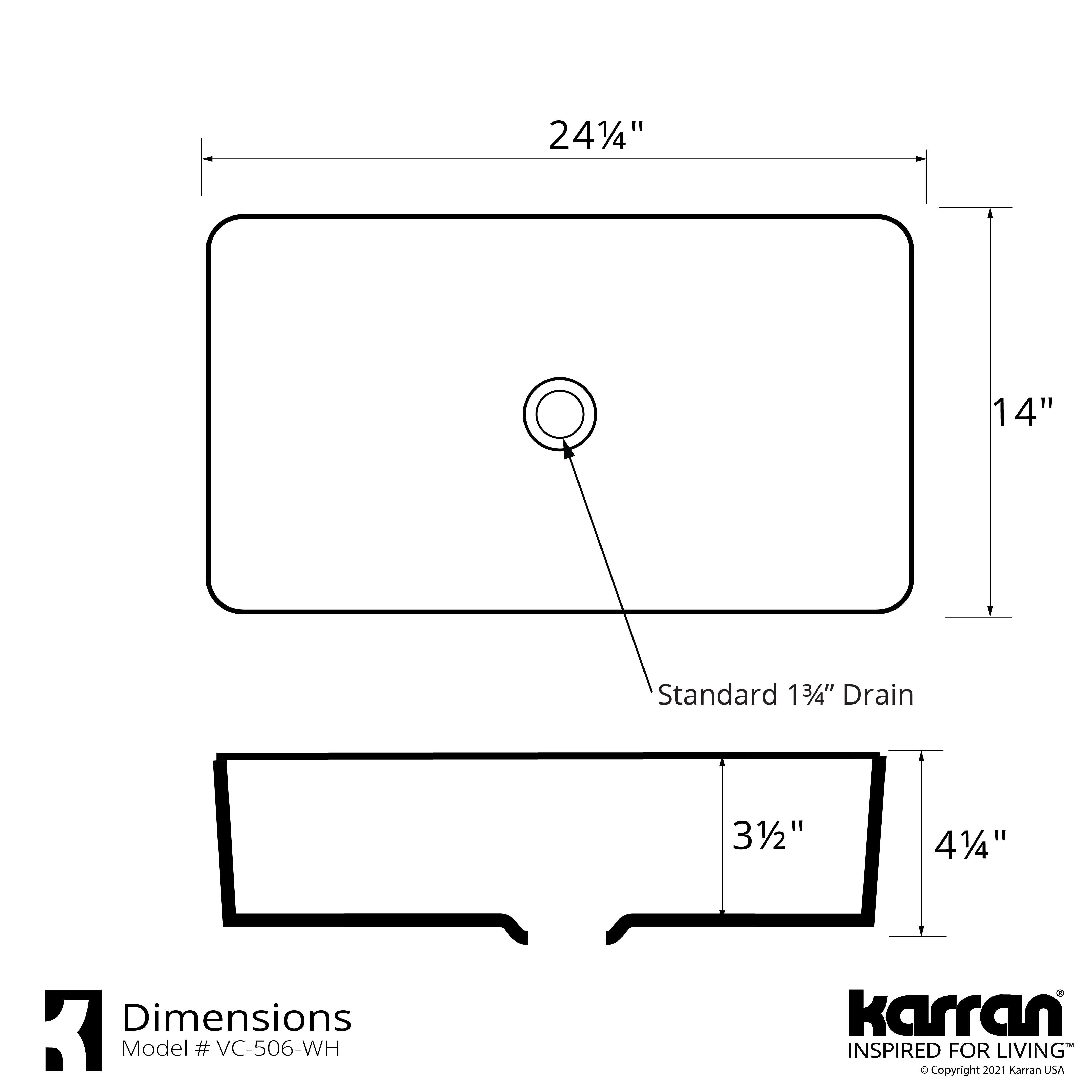 Karran Valera 24.25" x 14" x 3.5" Rectangular Vessel Vitreous China ADA Bathroom Sink, White, VC-506-WH