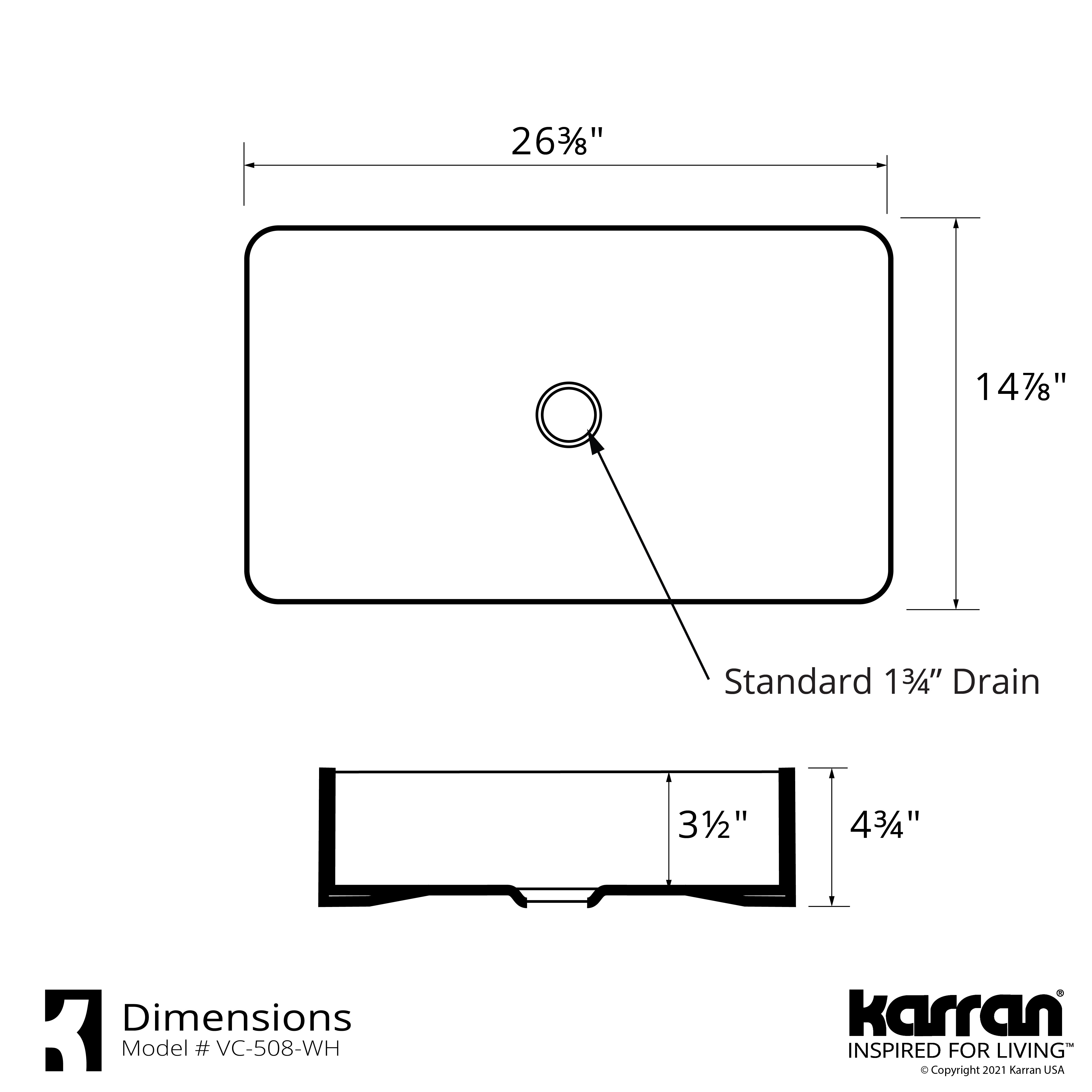 Karran Valera 26.375" x 14.875" x 3.5" Rectangular Vessel Vitreous China ADA Bathroom Sink, White, VC-508-WH