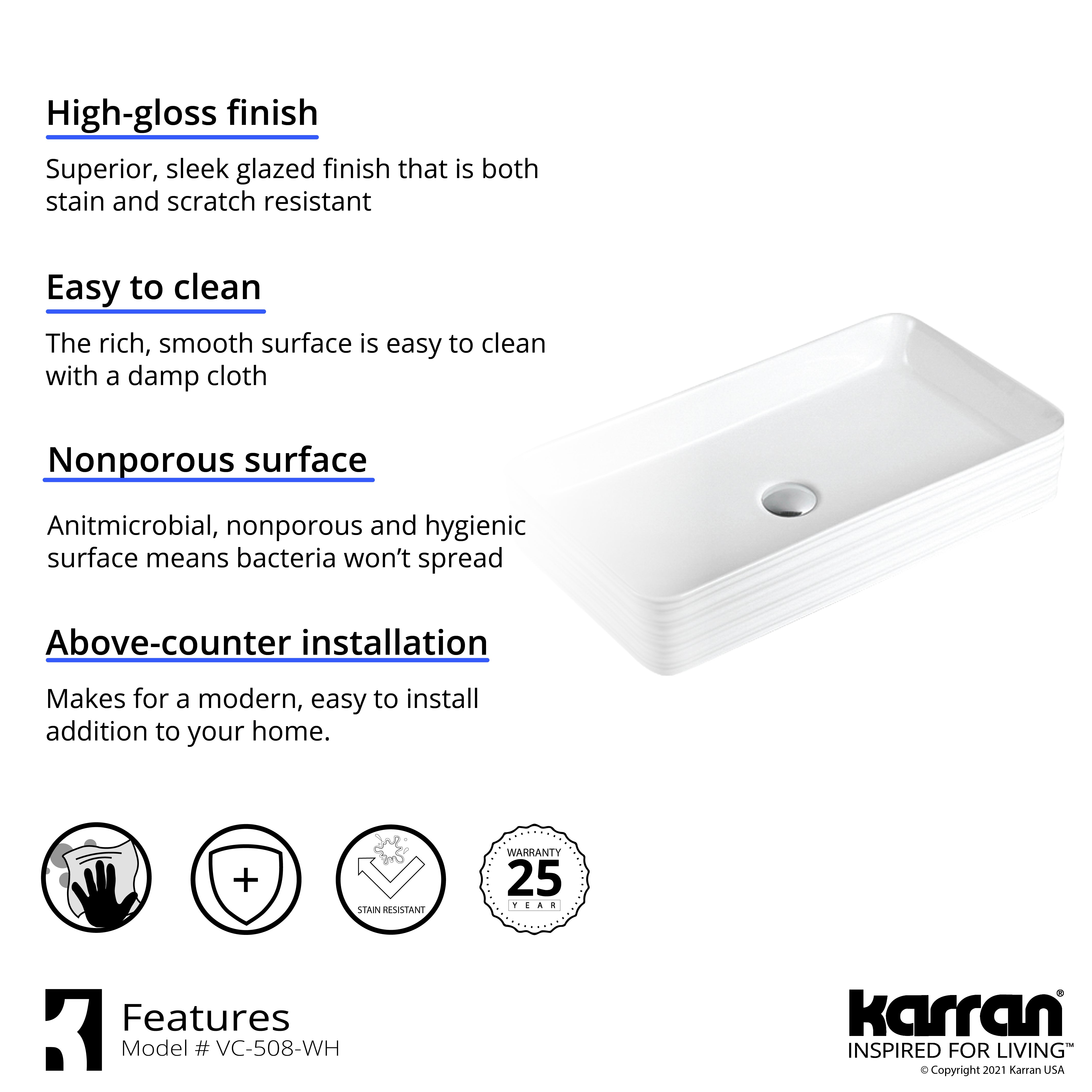 Karran Valera 26.375" x 14.875" x 3.5" Rectangular Vessel Vitreous China ADA Bathroom Sink, White, VC-508-WH