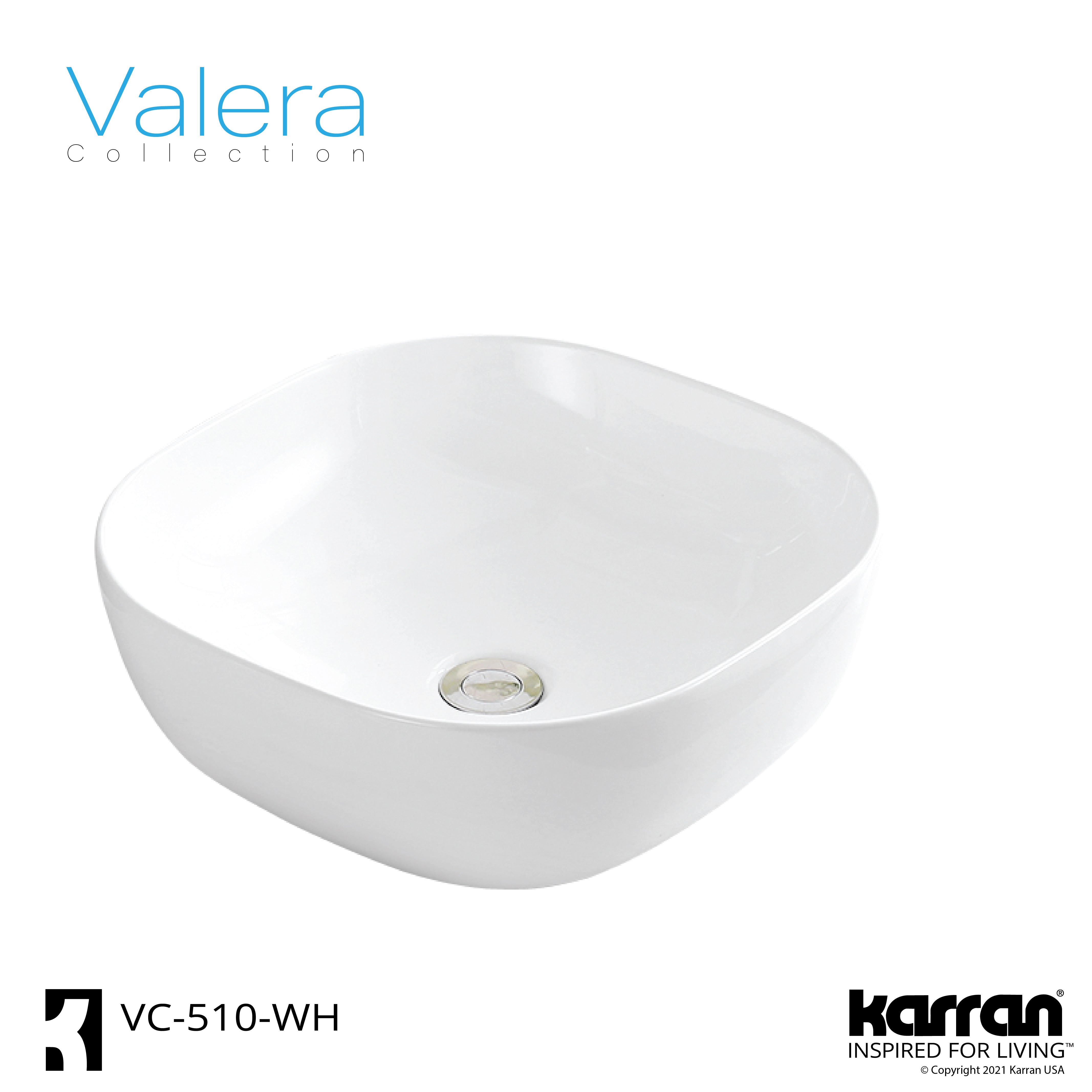 Karran Valera 16.75" x 16.75" x 4.5" Square Vessel Vitreous China ADA Bathroom Sink, White, VC-510-WH