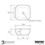 Karran Valera 16.75" x 16.75" x 4.5" Square Vessel Vitreous China ADA Bathroom Sink, White, VC-510-WH