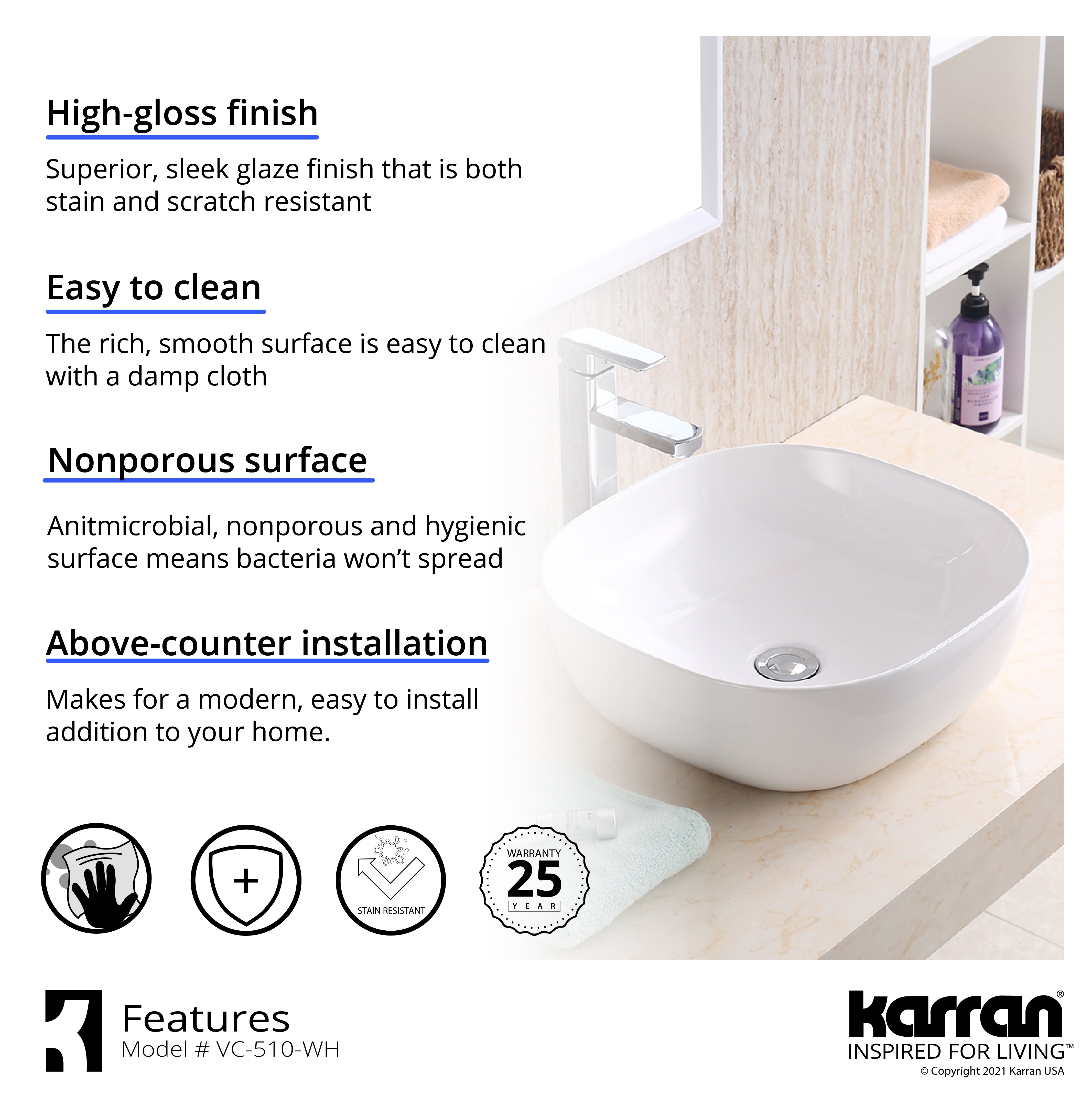 Karran Valera 16.75" x 16.75" x 4.5" Square Vessel Vitreous China ADA Bathroom Sink, White, VC-510-WH