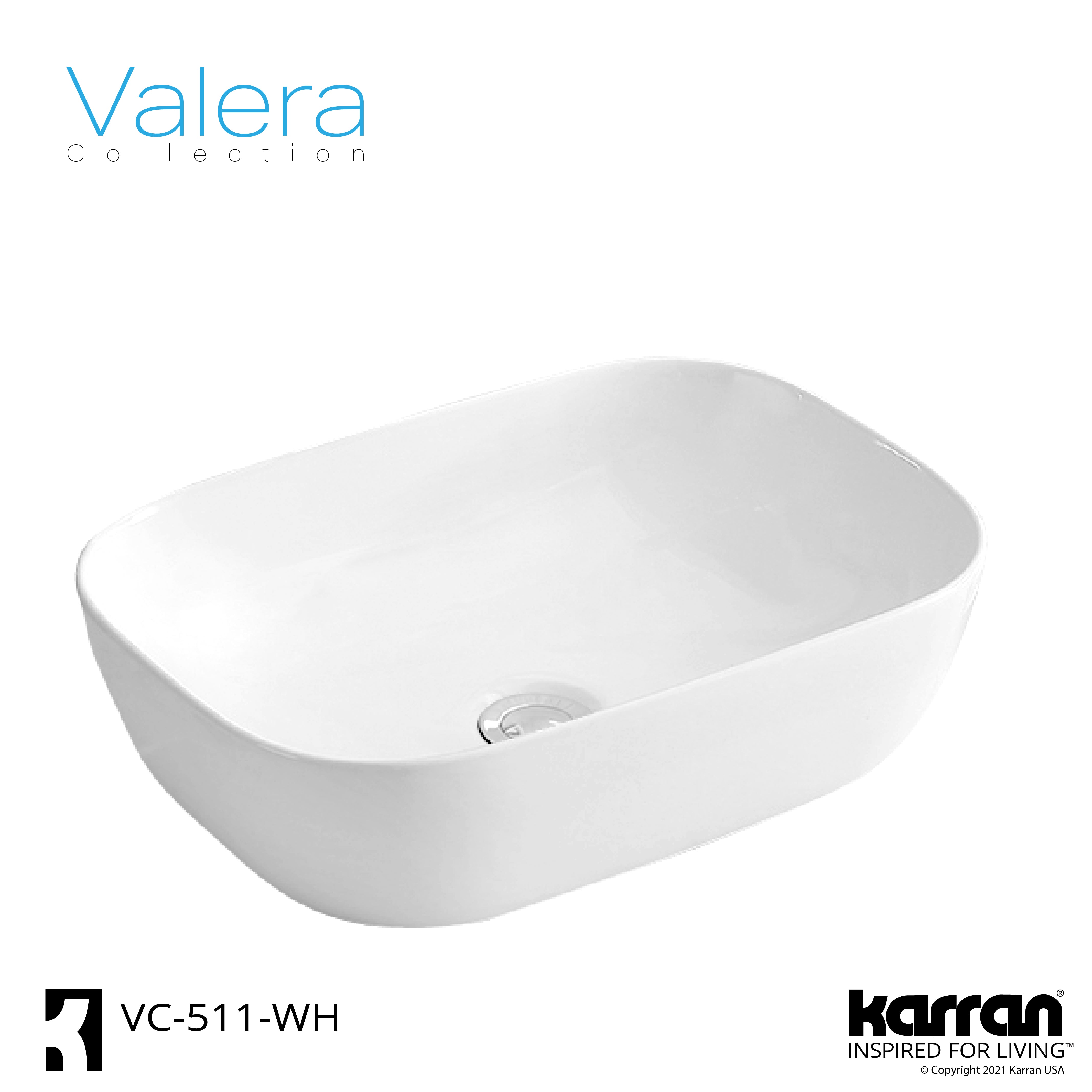 Karran Valera 19.875" x 15.75" x 4.5" Rectangular Vessel Vitreous China ADA Bathroom Sink, White, VC-511-WH