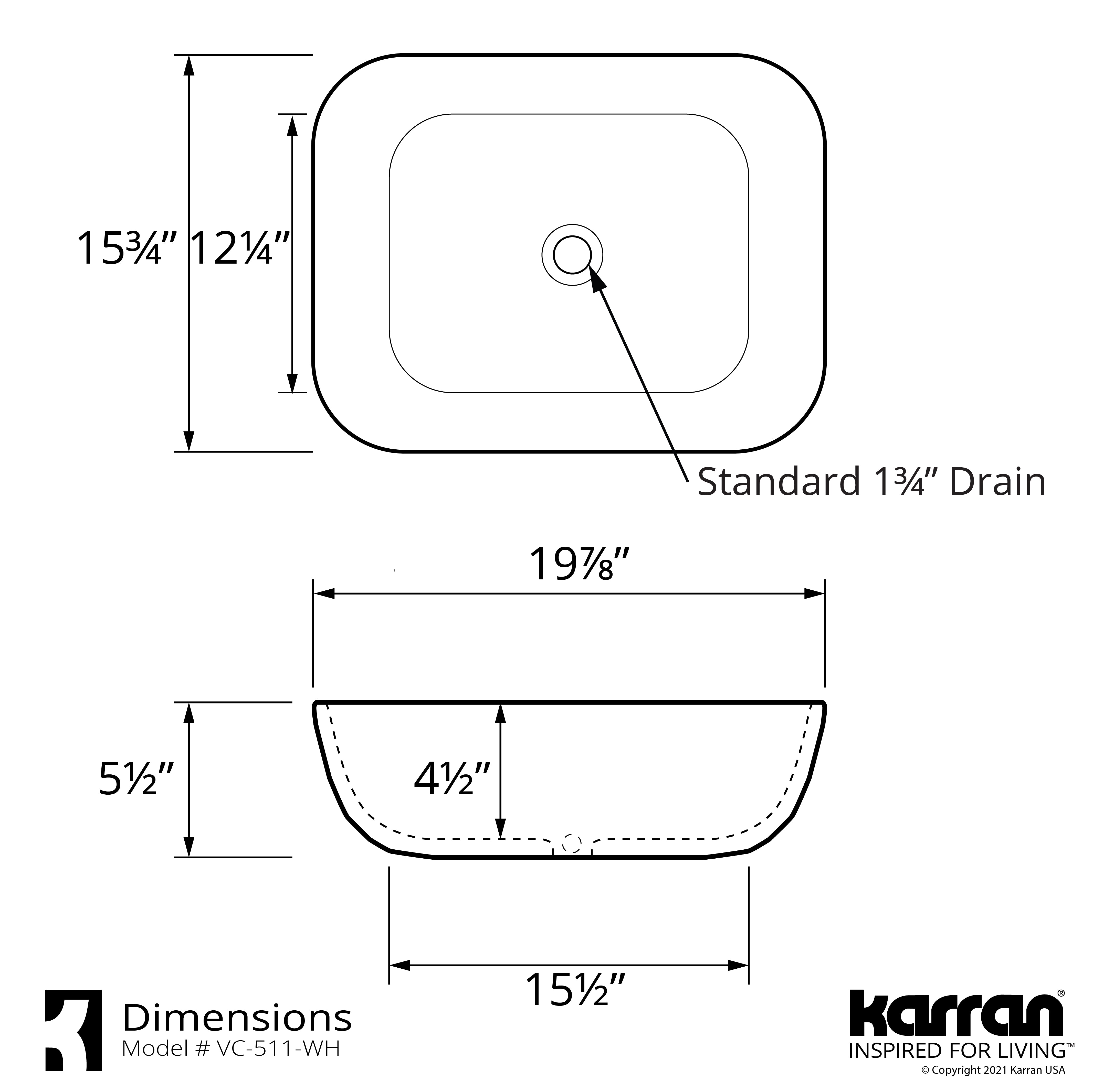Karran Valera 19.875" x 15.75" x 4.5" Rectangular Vessel Vitreous China ADA Bathroom Sink, White, VC-511-WH