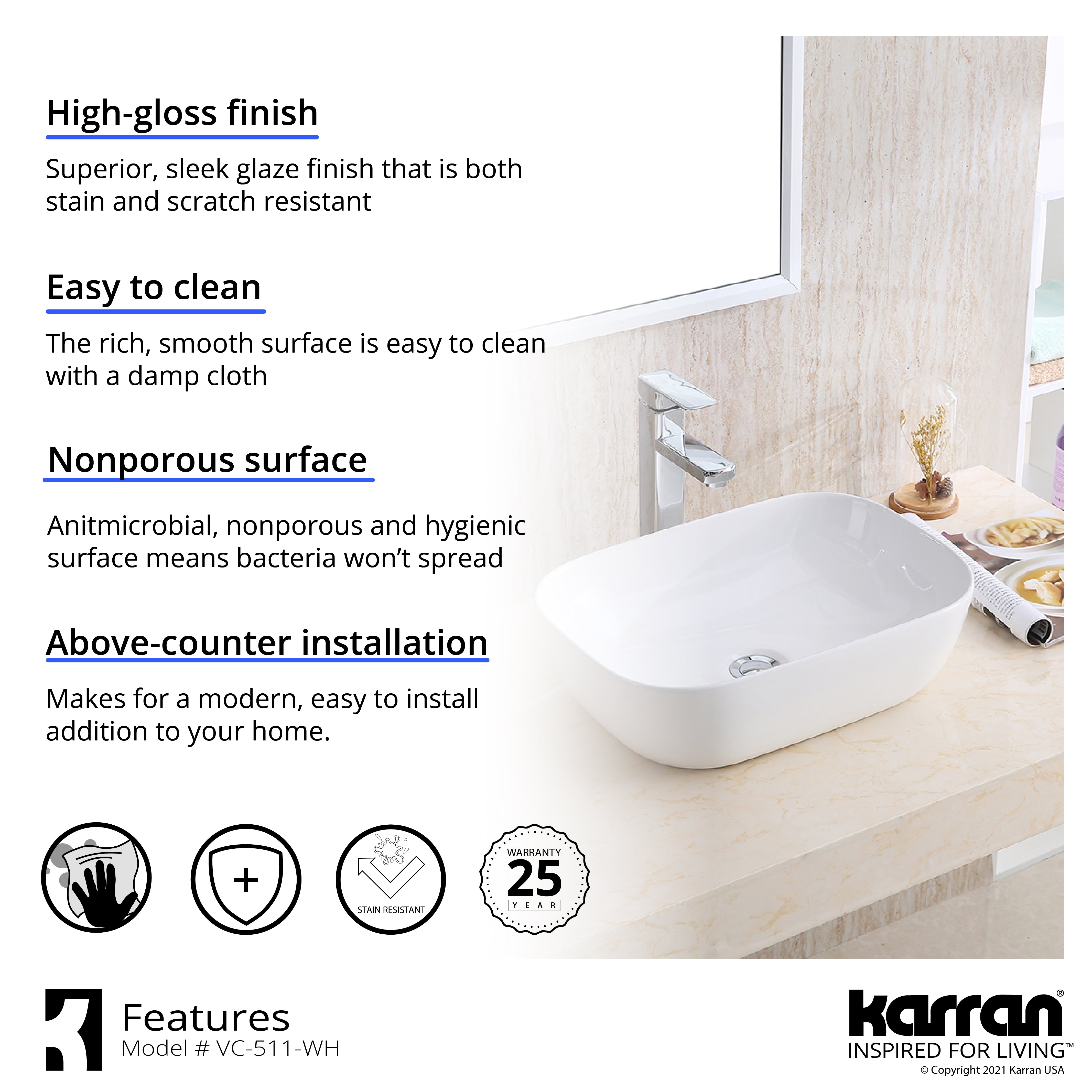 Karran Valera 19.875" x 15.75" x 4.5" Rectangular Vessel Vitreous China ADA Bathroom Sink, White, VC-511-WH