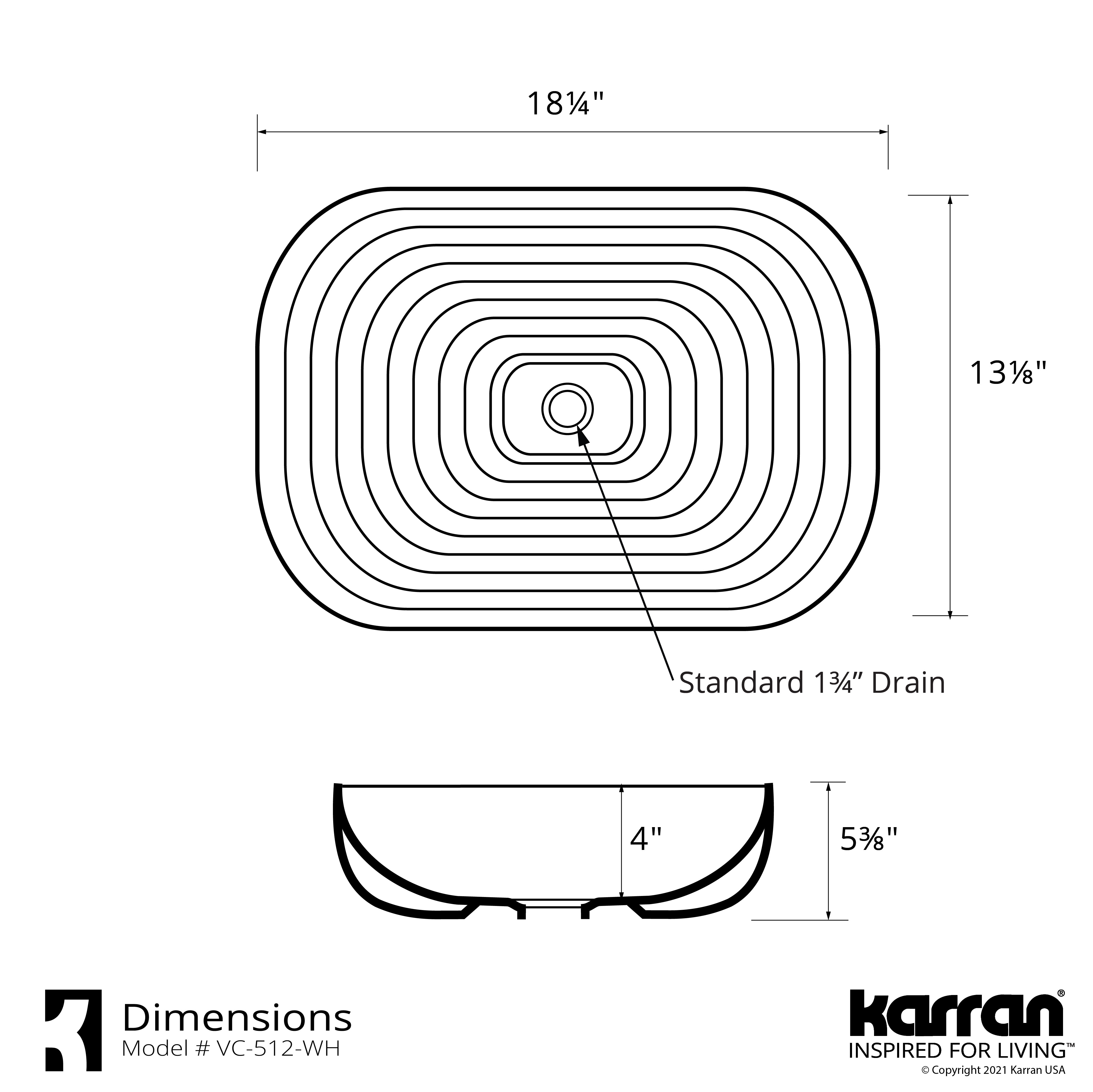 Karran Valera 18.25" x 13.125" x 4" Rectangular Vessel Vitreous China ADA Bathroom Sink, White, VC-512-WH