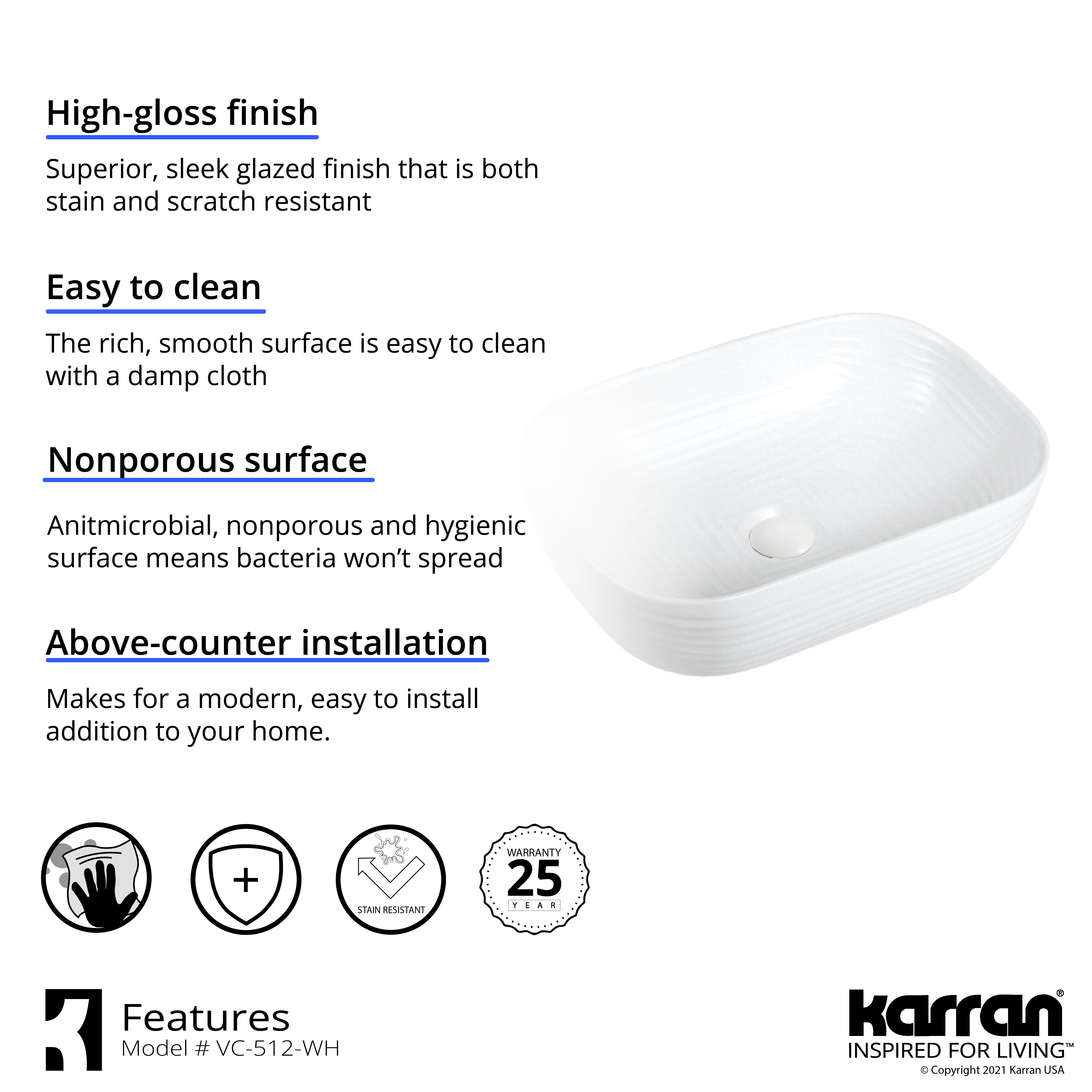Karran Valera 18.25" x 13.125" x 4" Rectangular Vessel Vitreous China ADA Bathroom Sink, White, VC-512-WH
