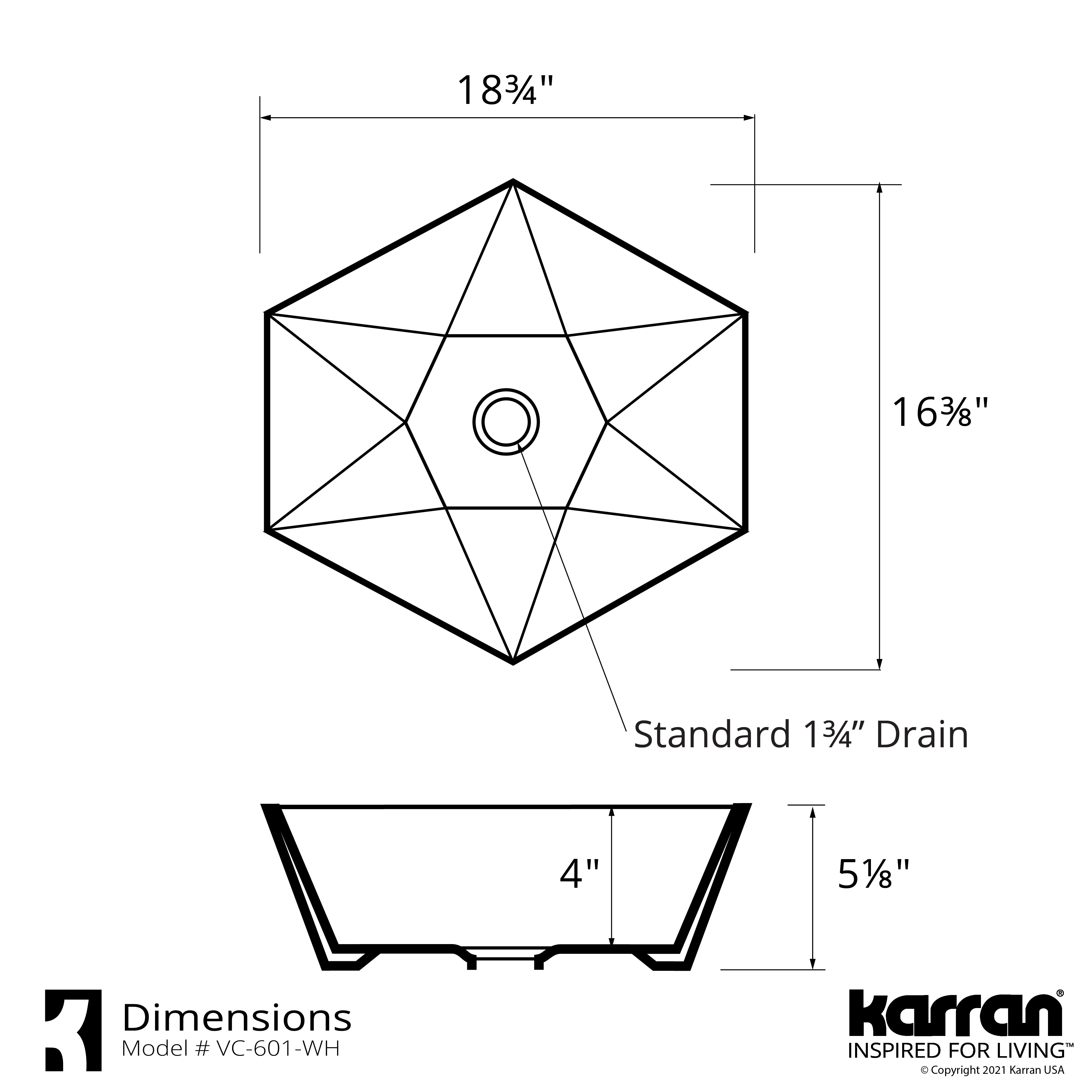 Karran Valera 18.75" x 16.375" x 4" Hexagon Vessel Vitreous China ADA Bathroom Sink, White, VC-601-WH