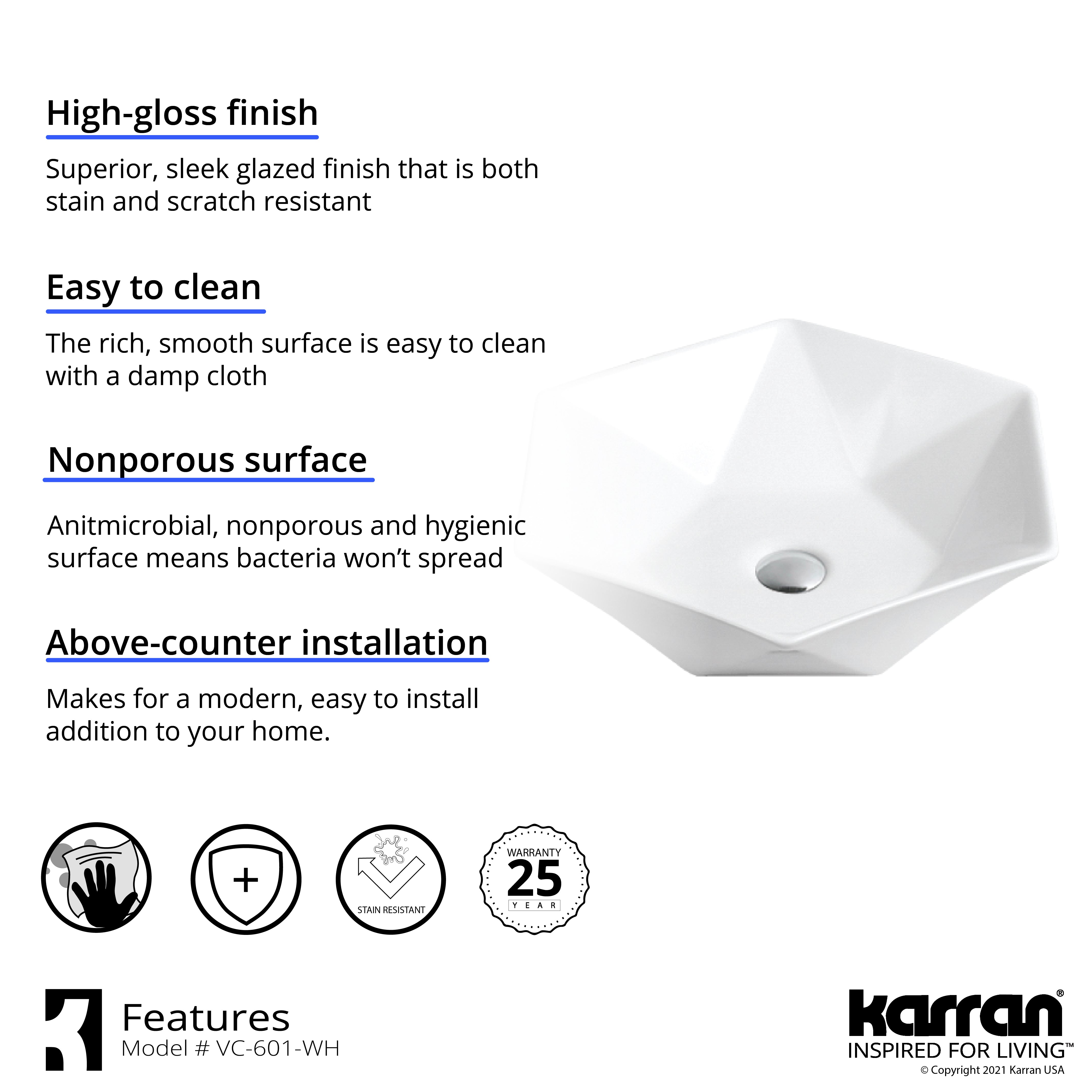 Karran Valera 18.75" x 16.375" x 4" Hexagon Vessel Vitreous China ADA Bathroom Sink, White, VC-601-WH