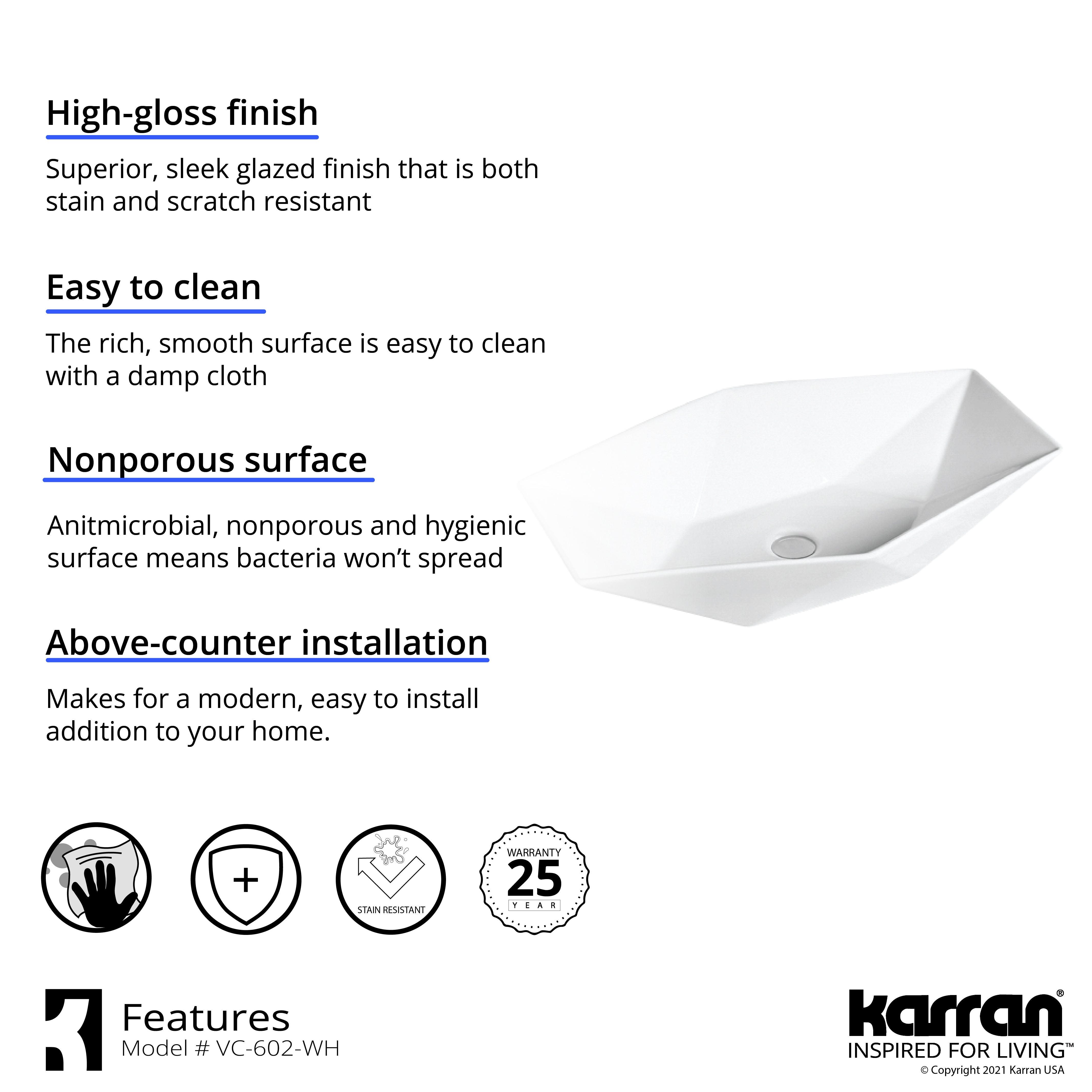 Karran Valera 25.125" x 16.5" x 4.5" Rectangular Vessel Vitreous China ADA Bathroom Sink, White, VC-602-WH