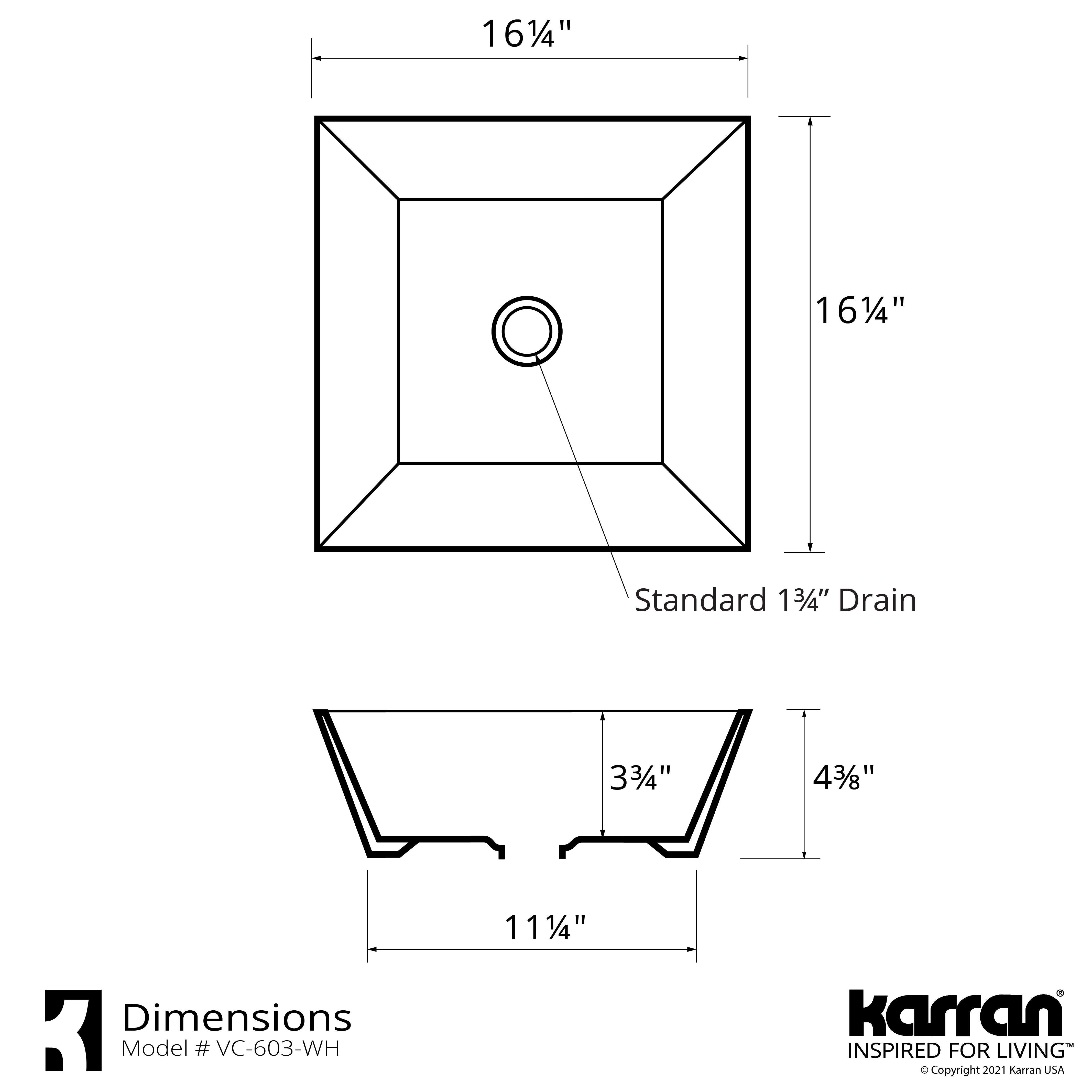 Karran Valera 16.25" x 16.25" x 3.75" Square Vessel Vitreous China ADA Bathroom Sink, White, VC-603-WH