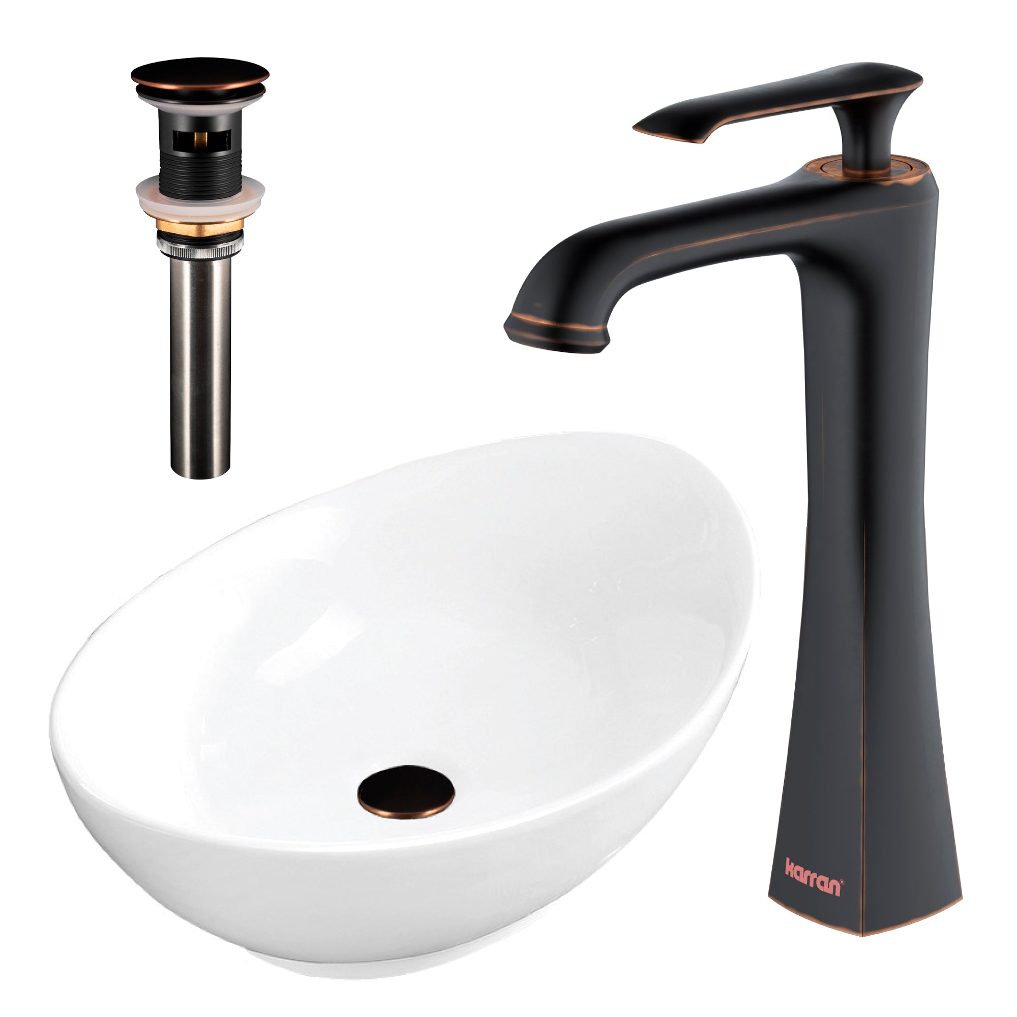 Karran 22.875" x 14.875" Oval Vessel Vitreous China ADA Bathroom Sink with Faucet and Accessories, White, VC301WH412ORB