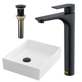Karran 15.5" x 13" Rectangular Vessel Vitreous China ADA Bathroom Sink with Matte Black Faucet and Accessories, White, VC503WH422MB