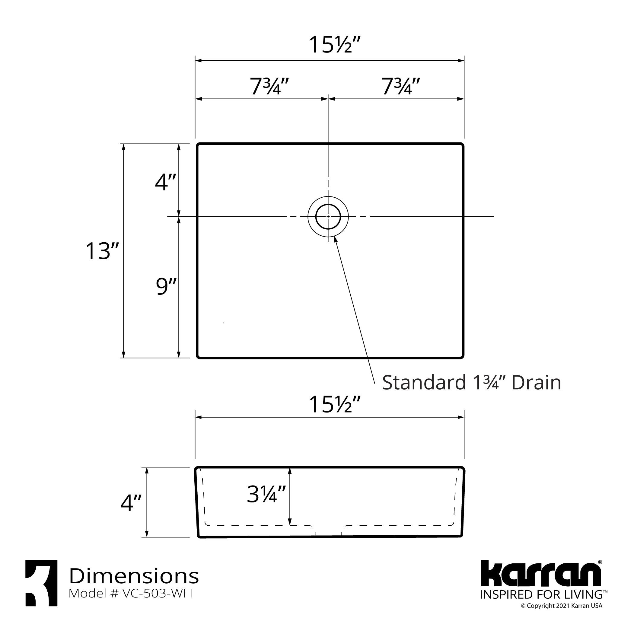 Karran 15.5" x 13" Rectangular Vessel Vitreous China ADA Bathroom Sink with Matte Black Faucet and Accessories, White, VC503WH422MB