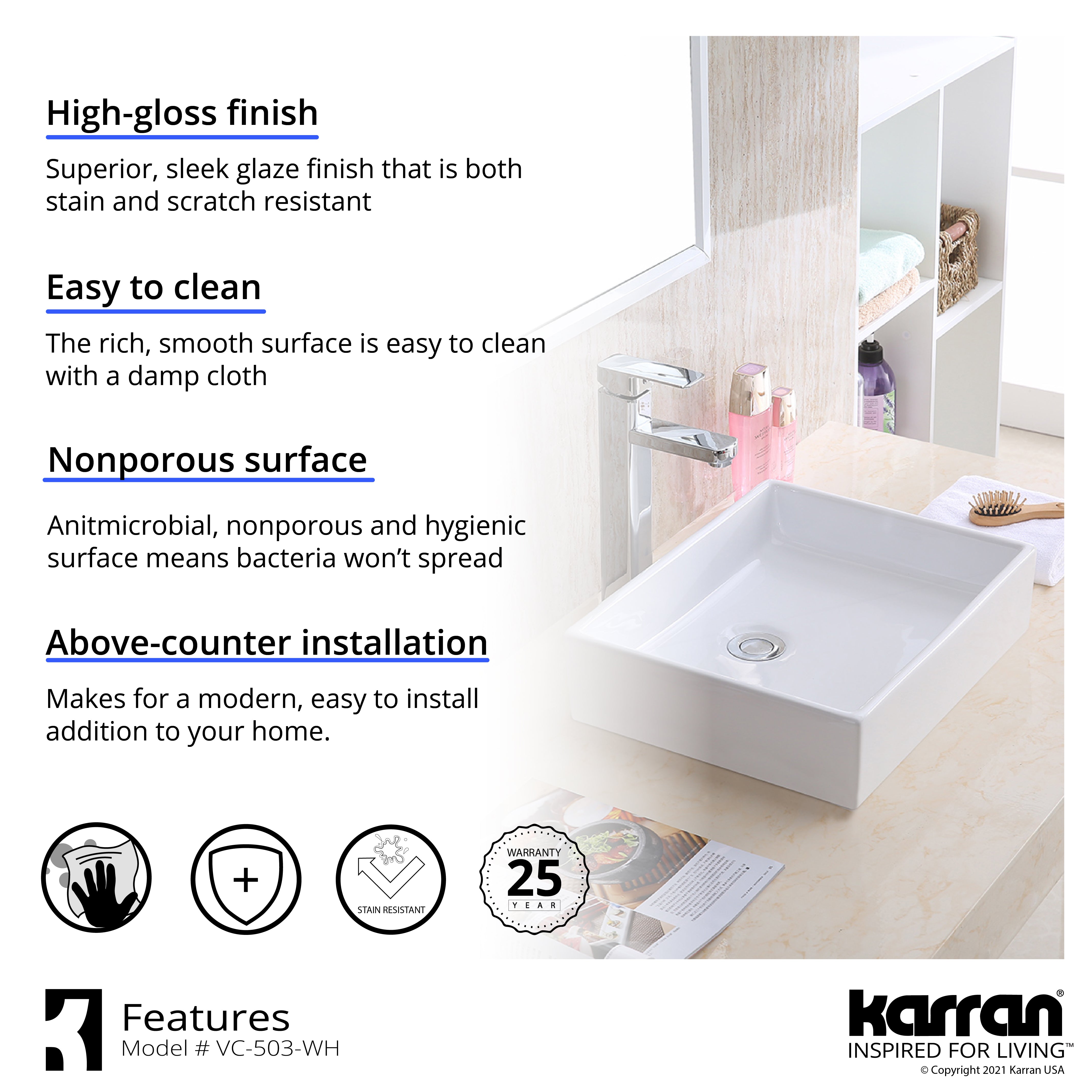 Karran 15.5" x 13" Rectangular Vessel Vitreous China ADA Bathroom Sink with Matte Black Faucet and Accessories, White, VC503WH422MB