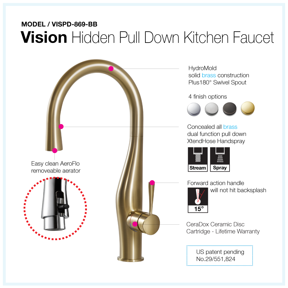 Houzer Vision Hidden Pull Down Kitchen Faucet Brushed Brass, VISPD-869-BB - The Sink Boutique