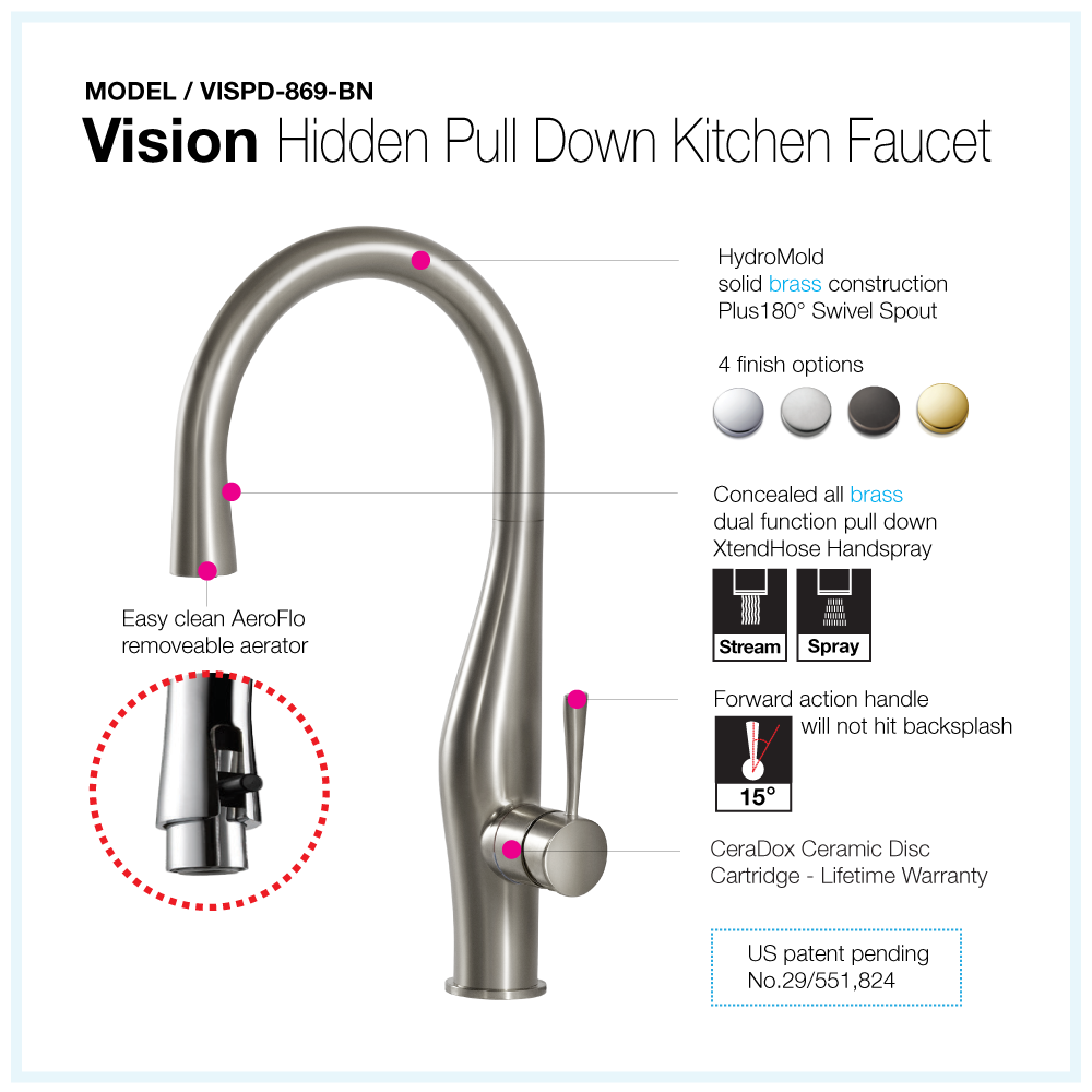 Houzer Vision Hidden Pull Down Kitchen Faucet Brushed Nickel, VISPD-869-BN - The Sink Boutique